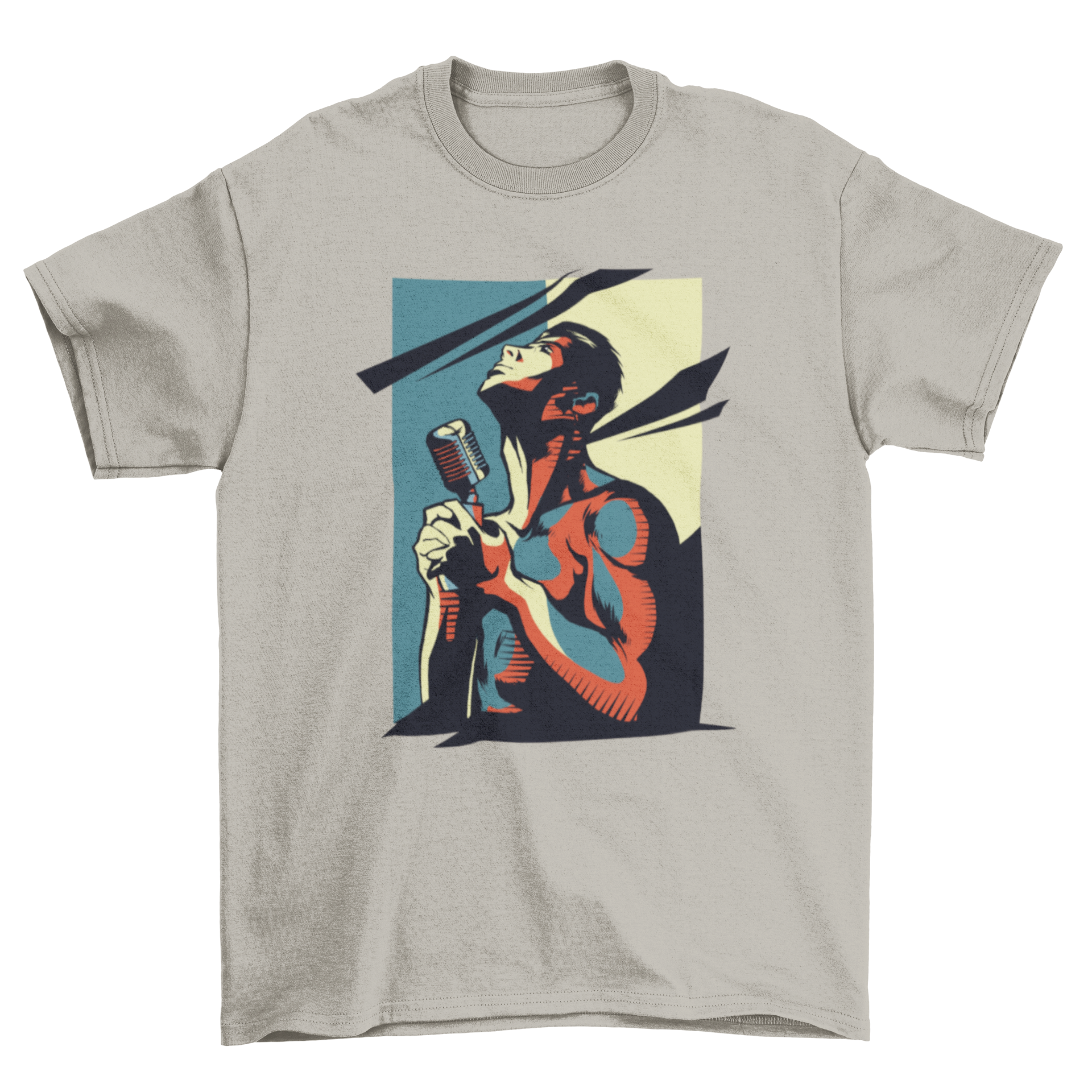 Rock Singer T-Shirt featuring a dynamic design of a singer holding a microphone, looking up with passion.