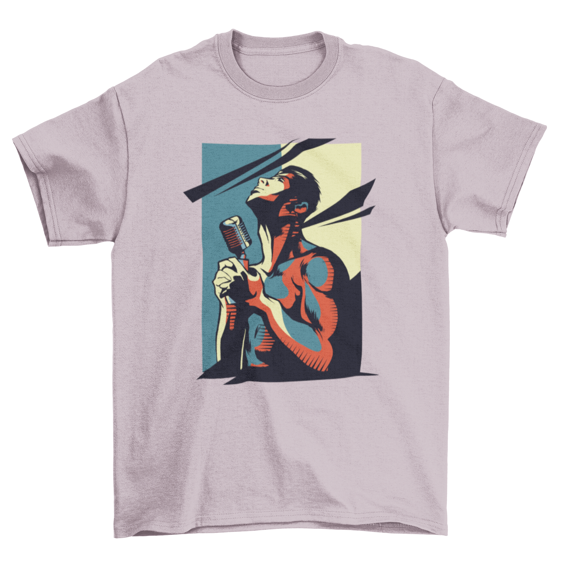 Rock Singer T-Shirt featuring a dynamic design of a singer holding a microphone, looking up with passion.