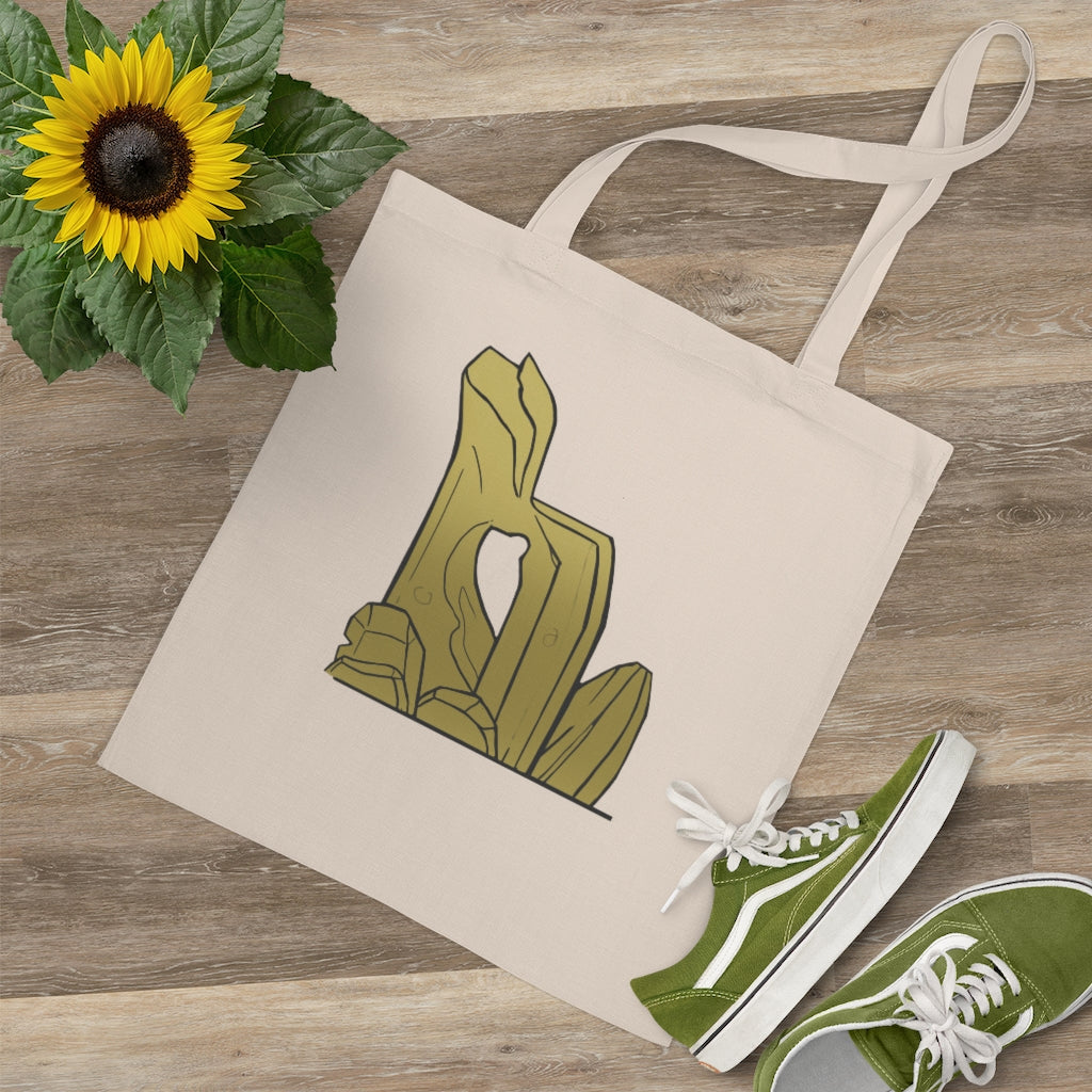 A stylish Rock Tote Bag made of 100% cotton, featuring long handles and cross stitching for added stability, available in various colors.