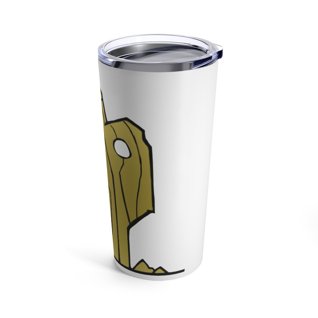 Rock Tumbler 20oz in stainless steel with a see-thru plastic lid, showcasing its sleek design and rounded corners.