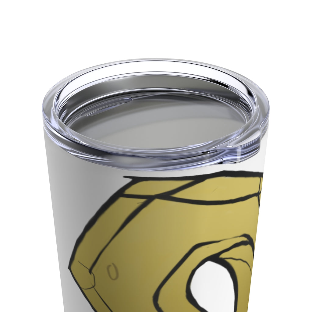 Rock Tumbler 20oz in stainless steel with a see-thru plastic lid, showcasing its sleek design and rounded corners.