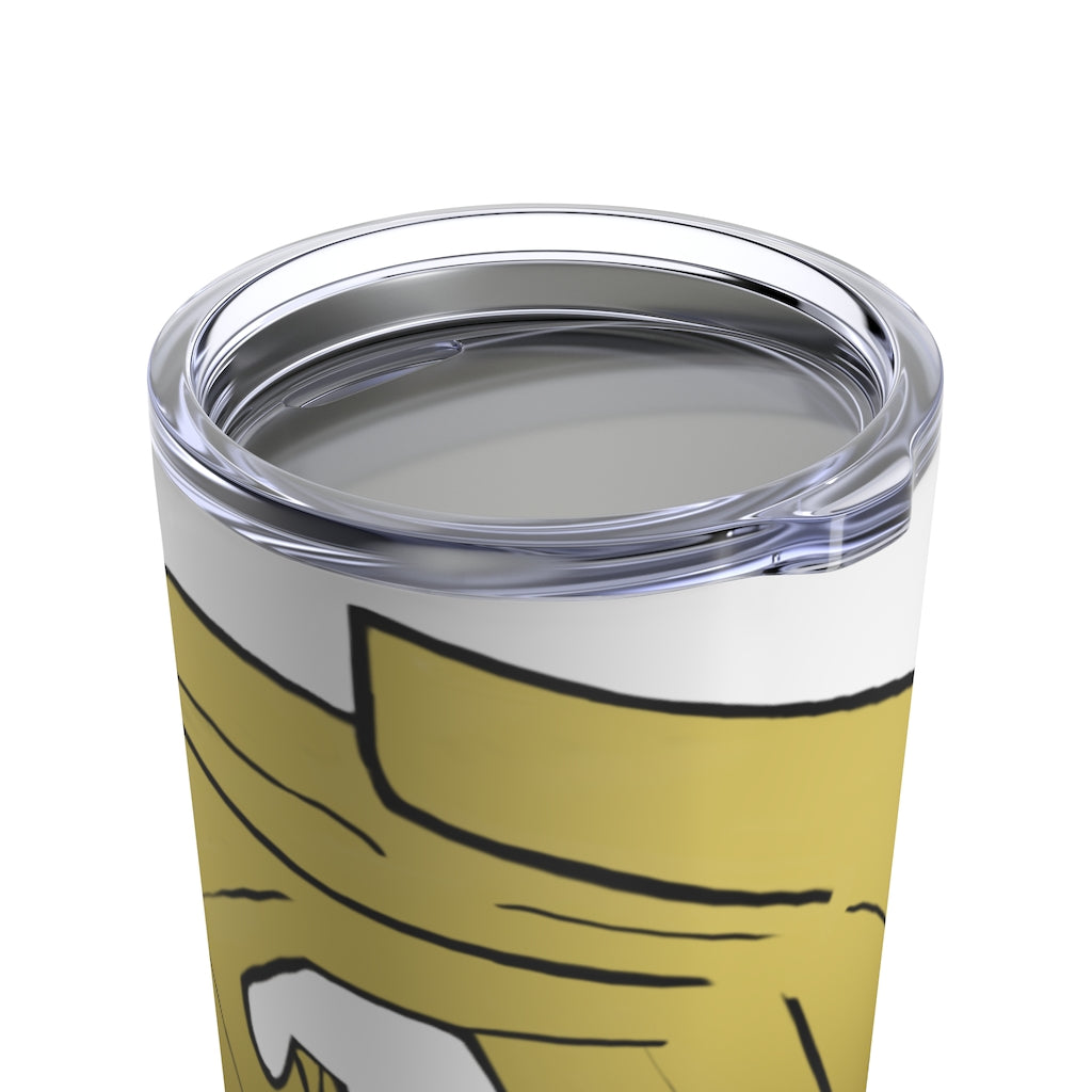 Rock Tumbler 20oz in stainless steel with a see-thru plastic lid, showcasing its sleek design and rounded corners.