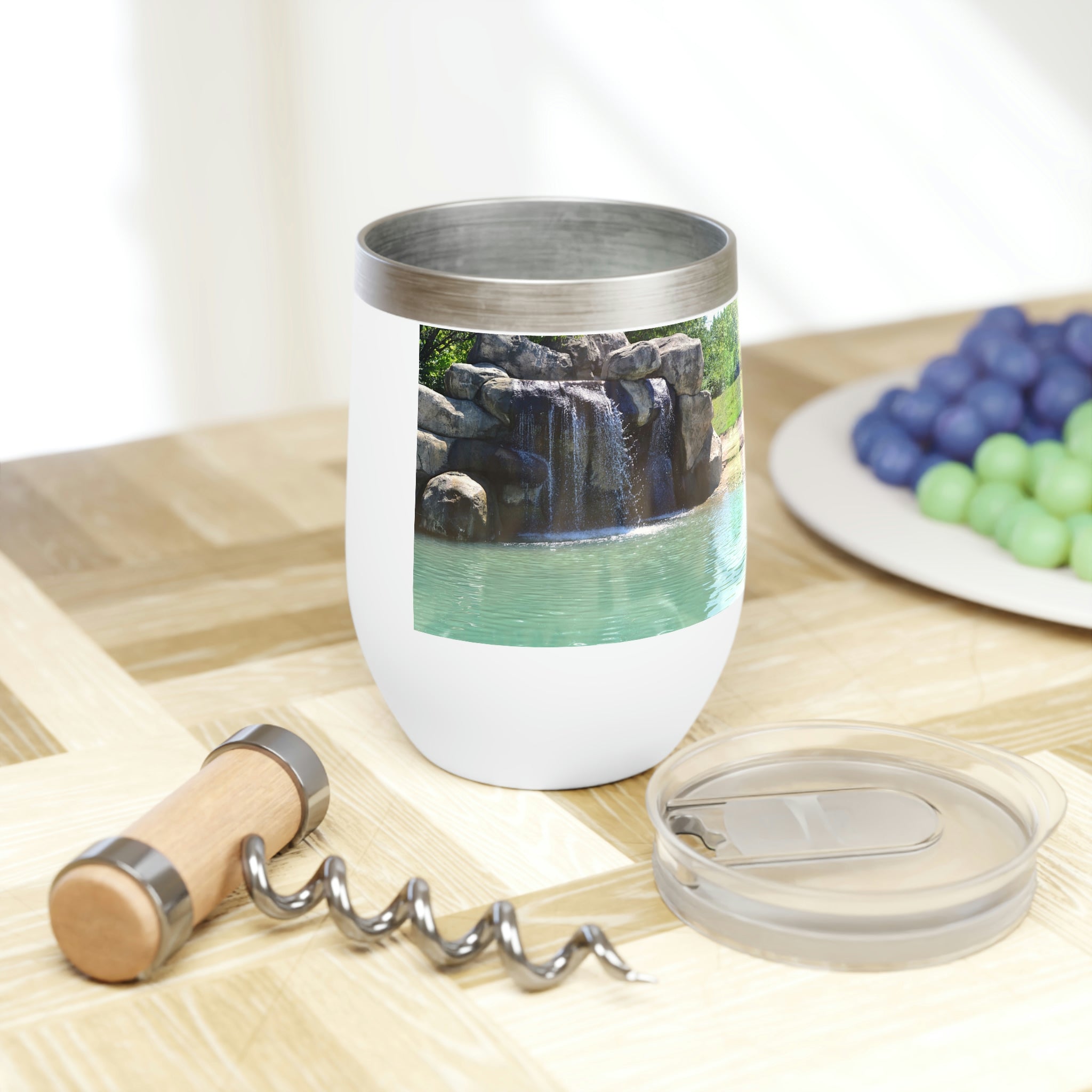 Rock Waterfall Chill Wine Tumbler in stainless steel with a sleek design, perfect for keeping beverages at the ideal temperature.