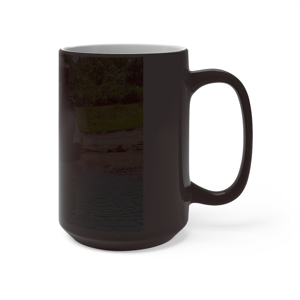 A white ceramic mug featuring a rock waterfall design that changes color when filled with hot liquid, available in 11oz and 15oz sizes.