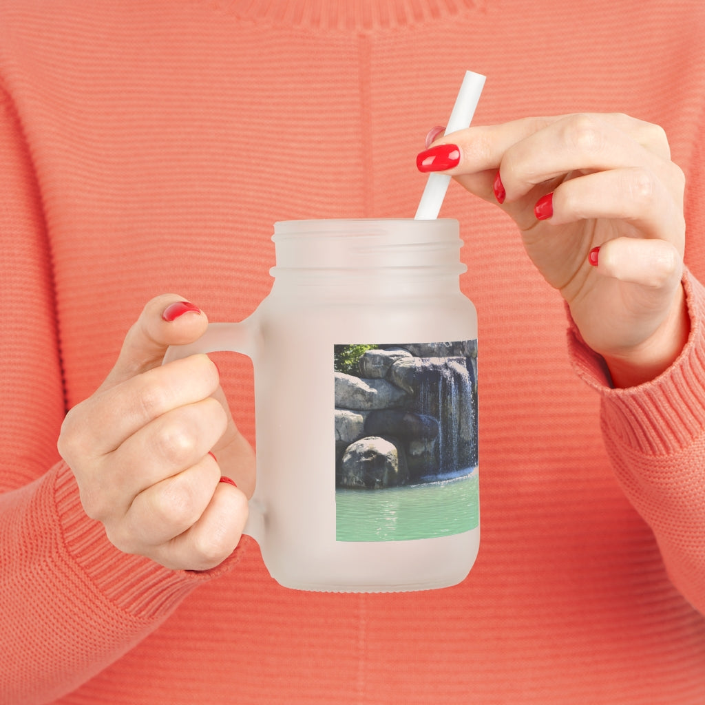 Rock Waterfall Mason Jar made of frosted glass with a straw and lid, perfect for personalized drinks.