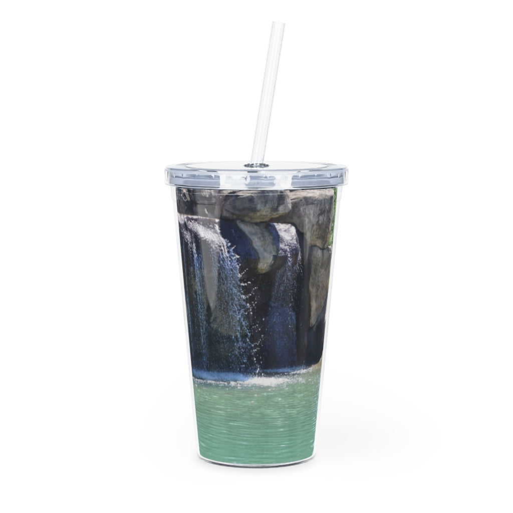 Rock Waterfall Plastic Tumbler with Straw featuring a vibrant design, lid, and reusable straw, perfect for drinks at events.