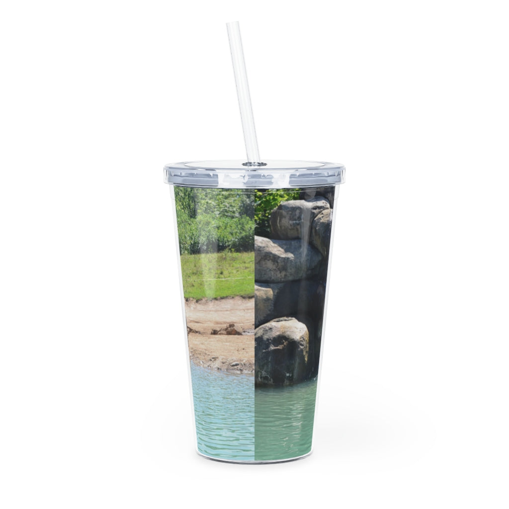 Rock Waterfall Plastic Tumbler with Straw featuring a vibrant design, lid, and reusable straw, perfect for drinks at events.