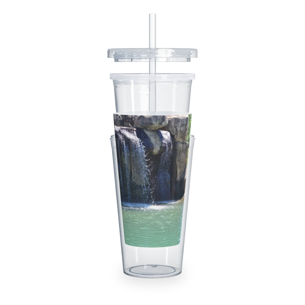 Rock Waterfall Plastic Tumbler with Straw featuring a vibrant design, lid, and reusable straw, perfect for drinks at events.