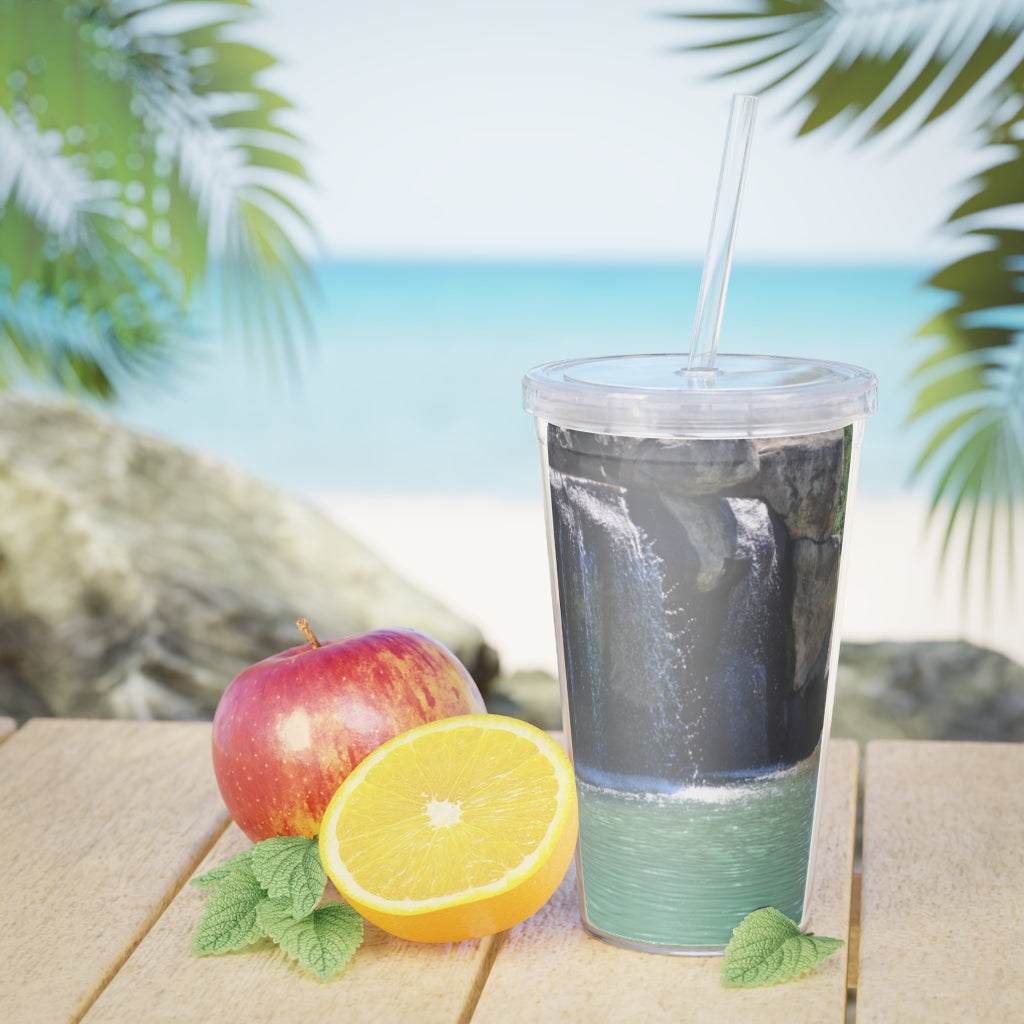 Rock Waterfall Plastic Tumbler with Straw featuring a vibrant design, lid, and reusable straw, perfect for drinks at events.