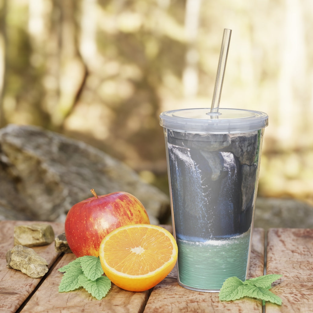 Rock Waterfall Plastic Tumbler with Straw featuring a vibrant design, lid, and reusable straw, perfect for drinks at events.