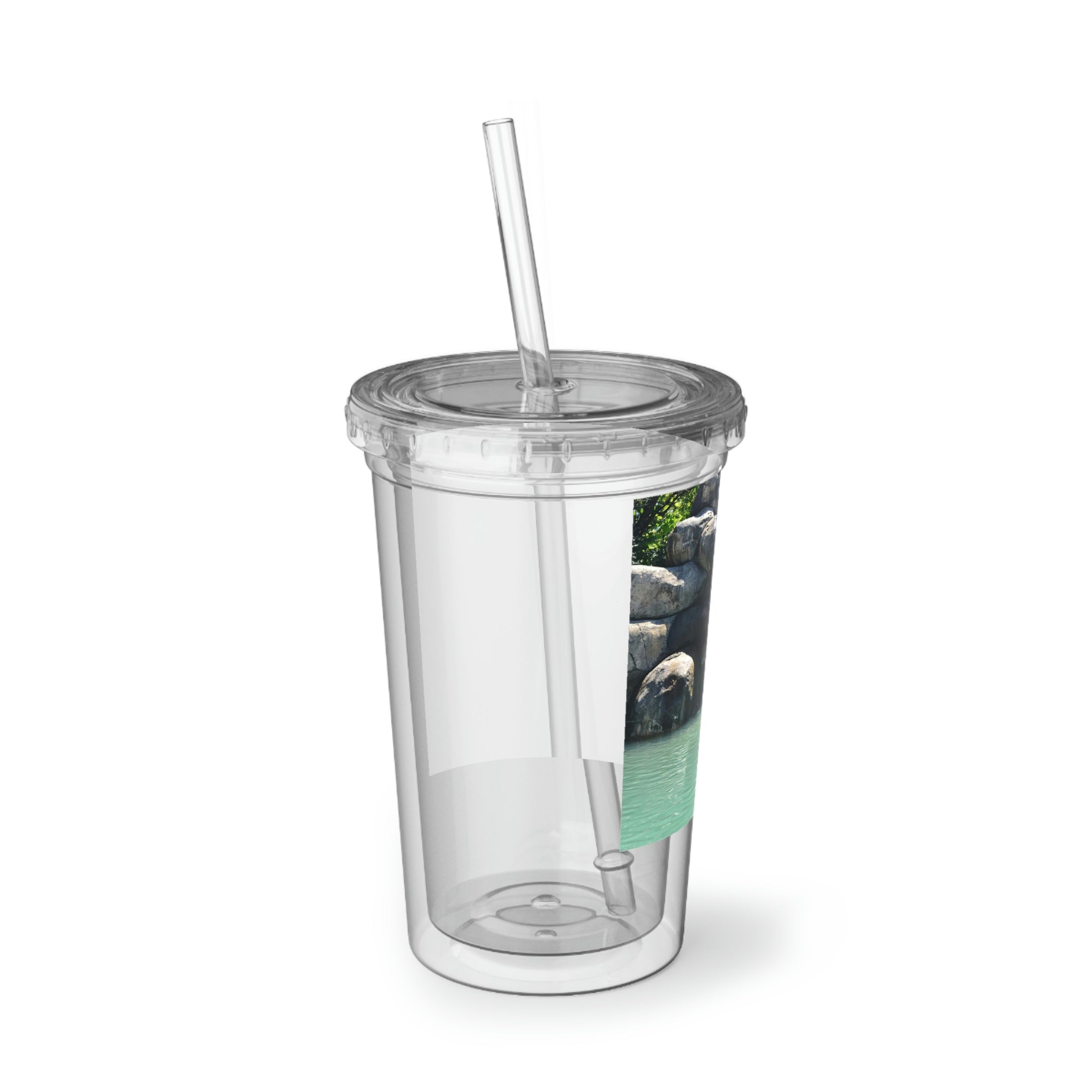 Rock Waterfall Suave Acrylic Cup with double-wall insulation, featuring a vibrant customizable design and a plastic lid with a straw.