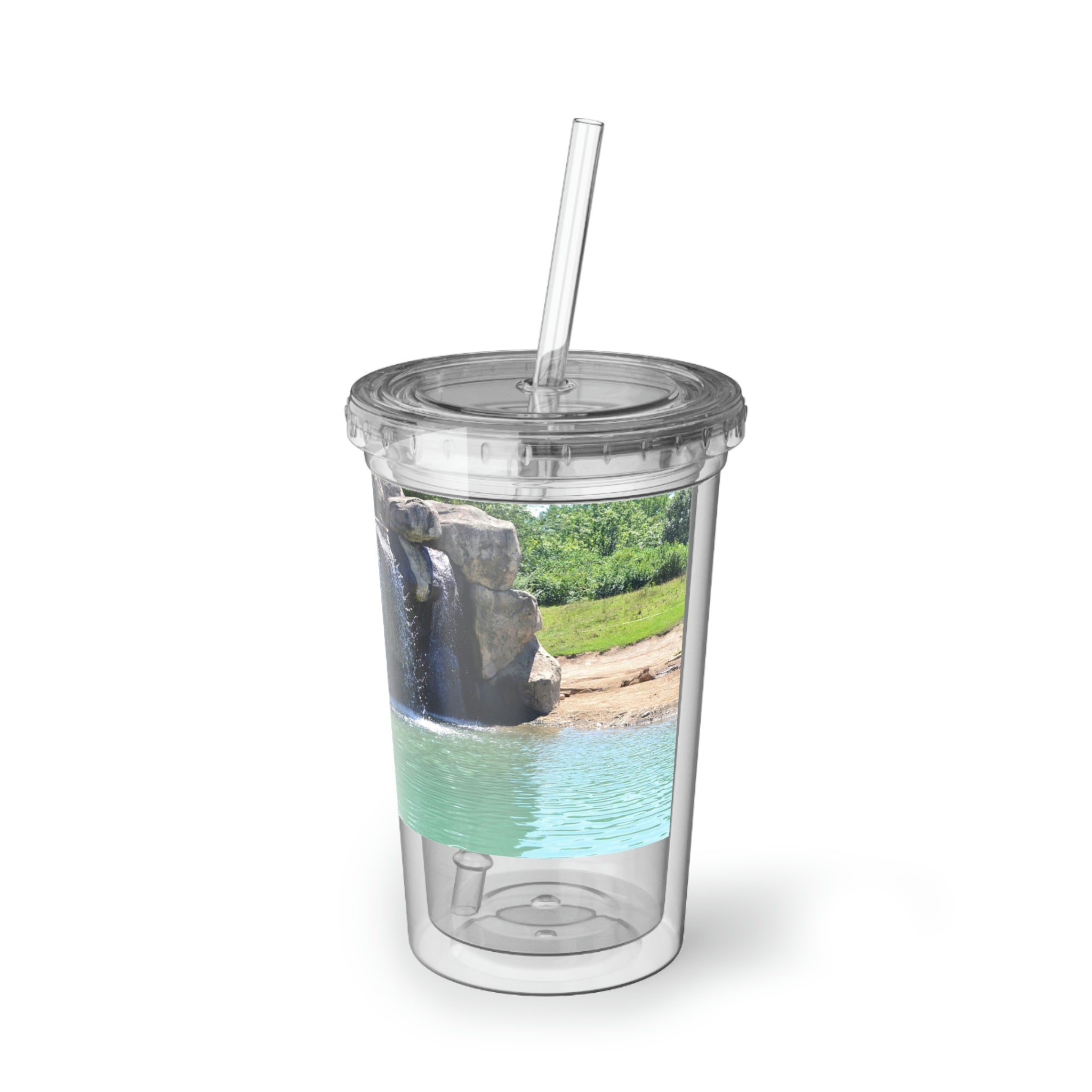 Rock Waterfall Suave Acrylic Cup with double-wall insulation, featuring a vibrant customizable design and a plastic lid with a straw.