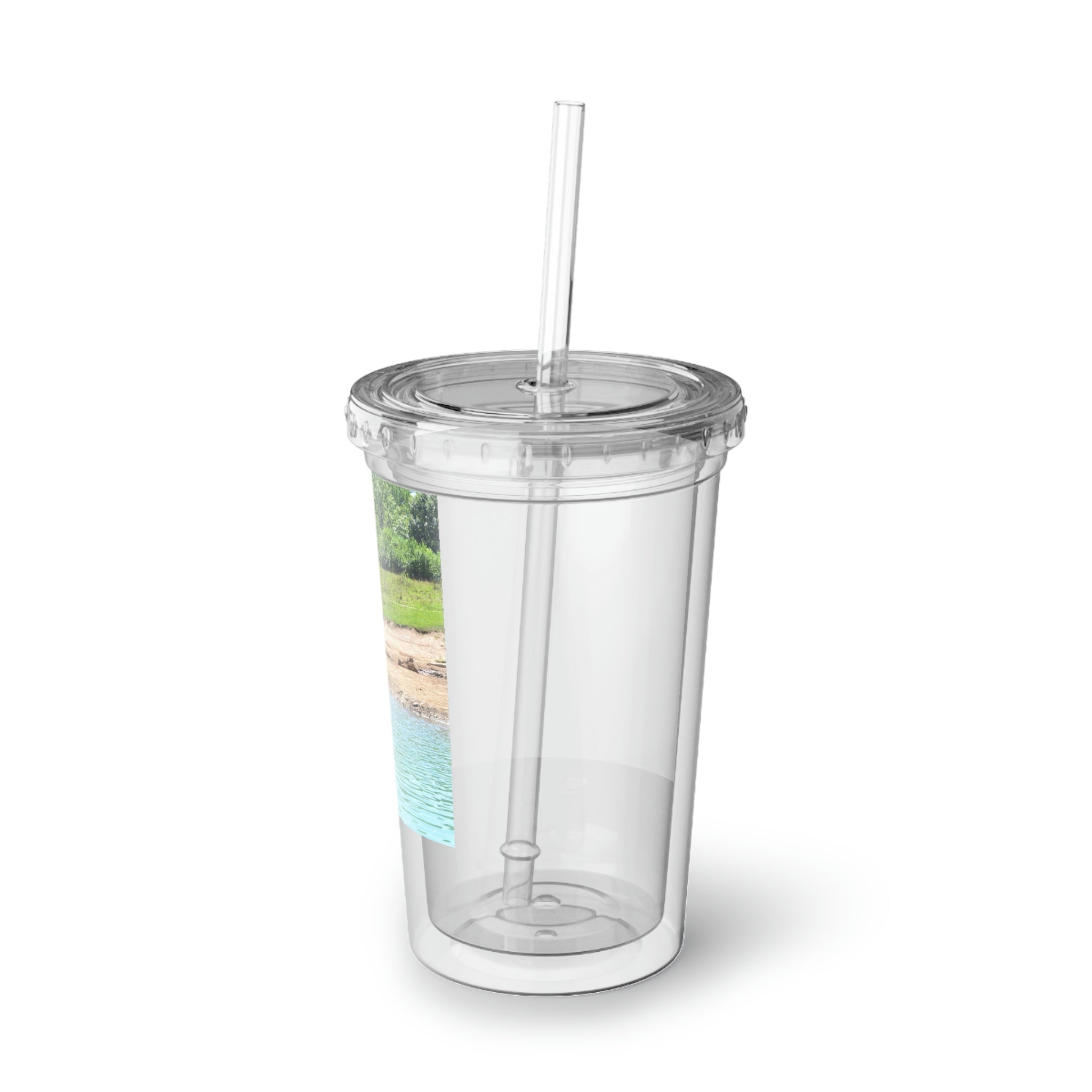 Rock Waterfall Suave Acrylic Cup with double-wall insulation, featuring a vibrant customizable design and a plastic lid with a straw.