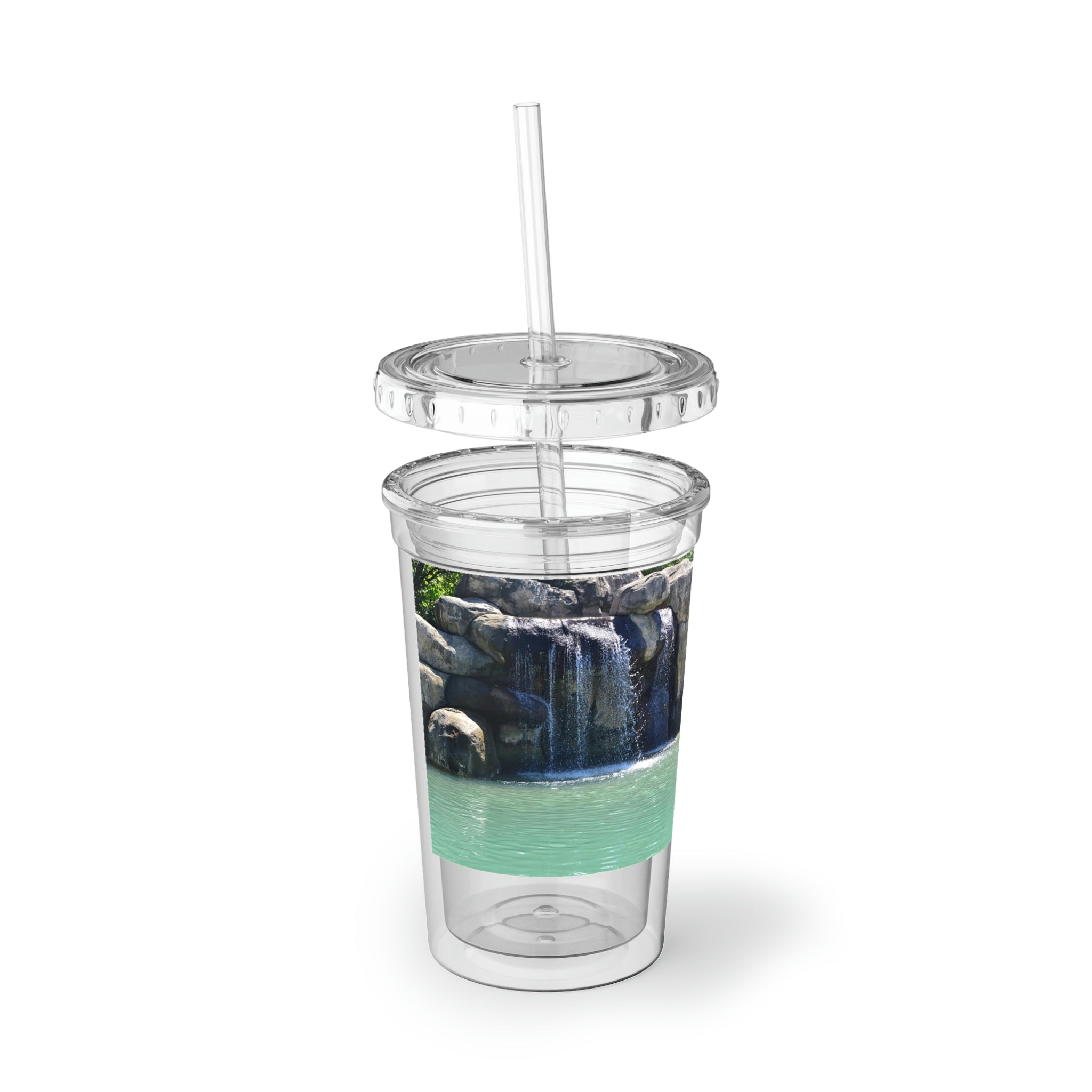 Rock Waterfall Suave Acrylic Cup with double-wall insulation, featuring a vibrant customizable design and a plastic lid with a straw.