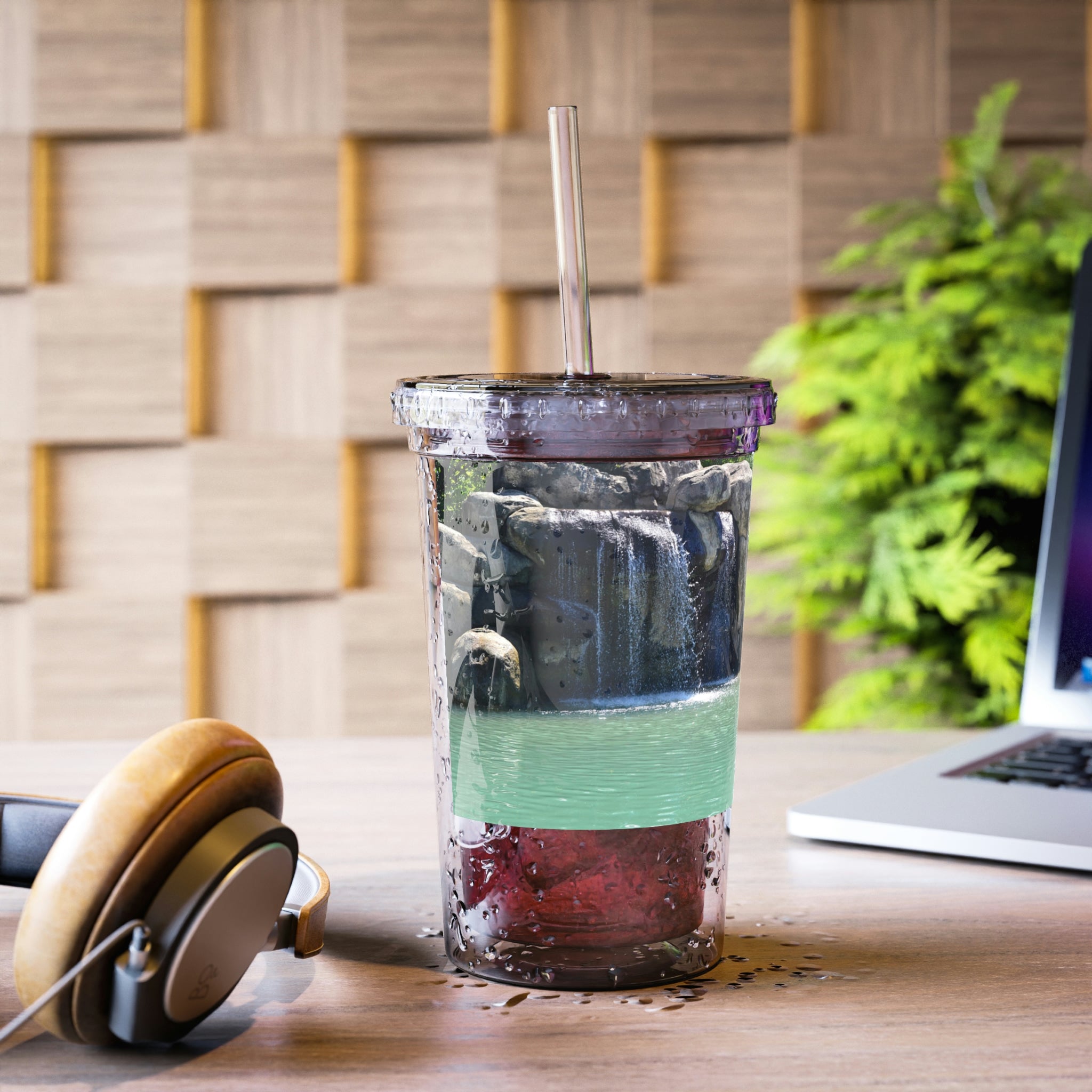 Rock Waterfall Suave Acrylic Cup with double-wall insulation, featuring a vibrant customizable design and a plastic lid with a straw.