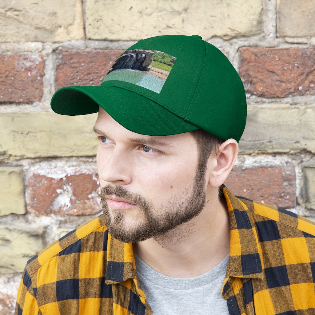 Rock Waterfall Unisex Twill Hat in cotton twill fabric, featuring a classic 6-panel design and adjustable Velcro closure.