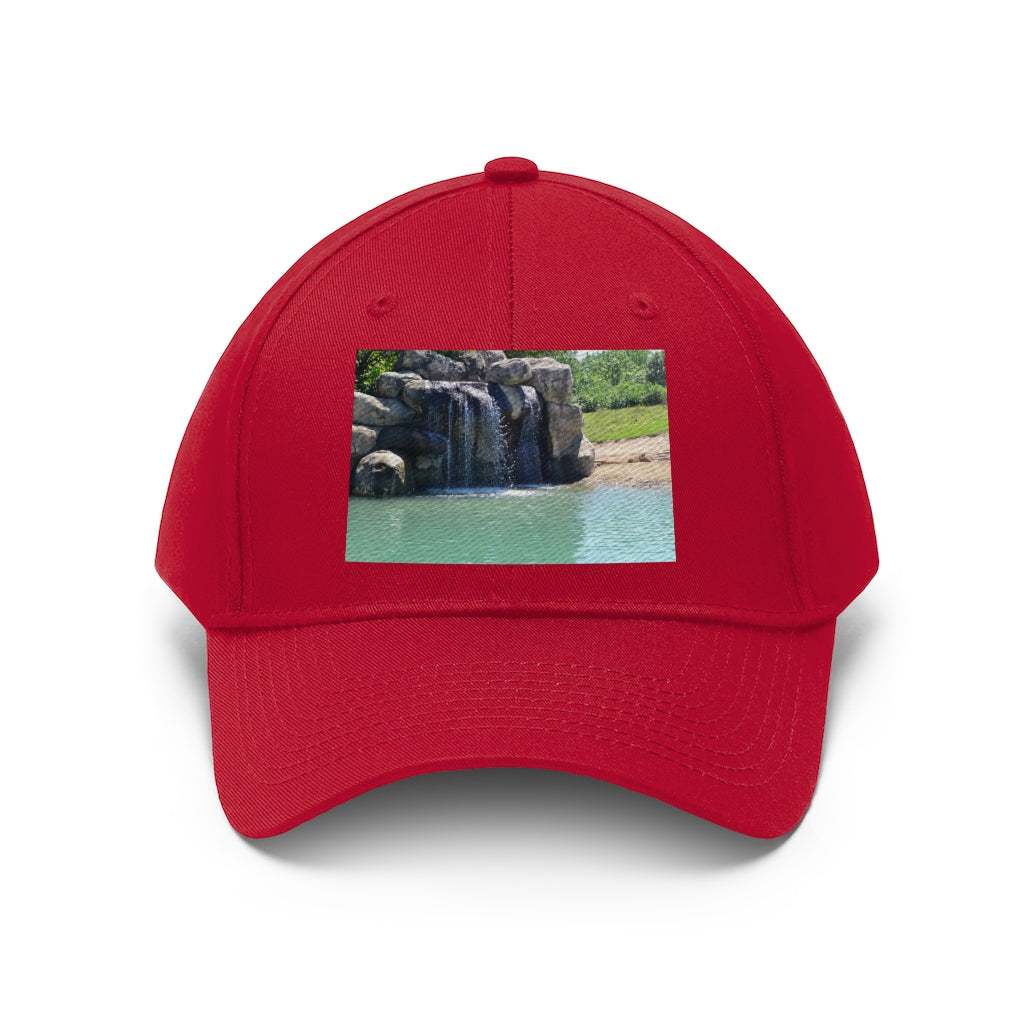 Rock Waterfall Unisex Twill Hat in cotton twill fabric, featuring a classic 6-panel design and adjustable Velcro closure.