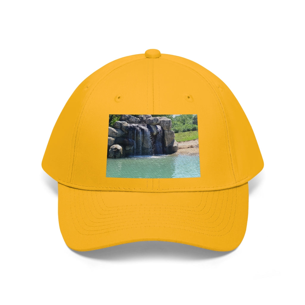 Rock Waterfall Unisex Twill Hat in cotton twill fabric, featuring a classic 6-panel design and adjustable Velcro closure.