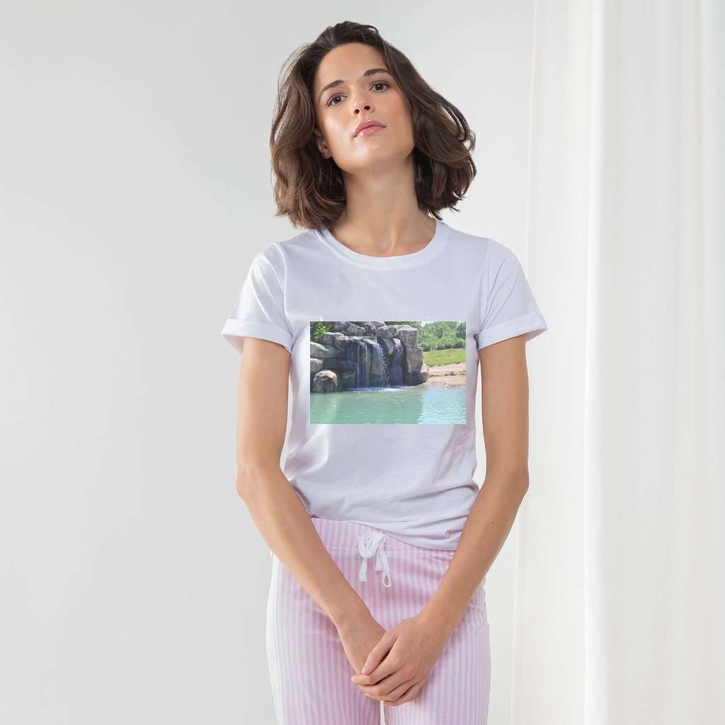 Rock Waterfall Women's Long Pant Pyjama Set featuring a white t-shirt, striped pants in heather grey or light pink, and a matching drawcord bag.