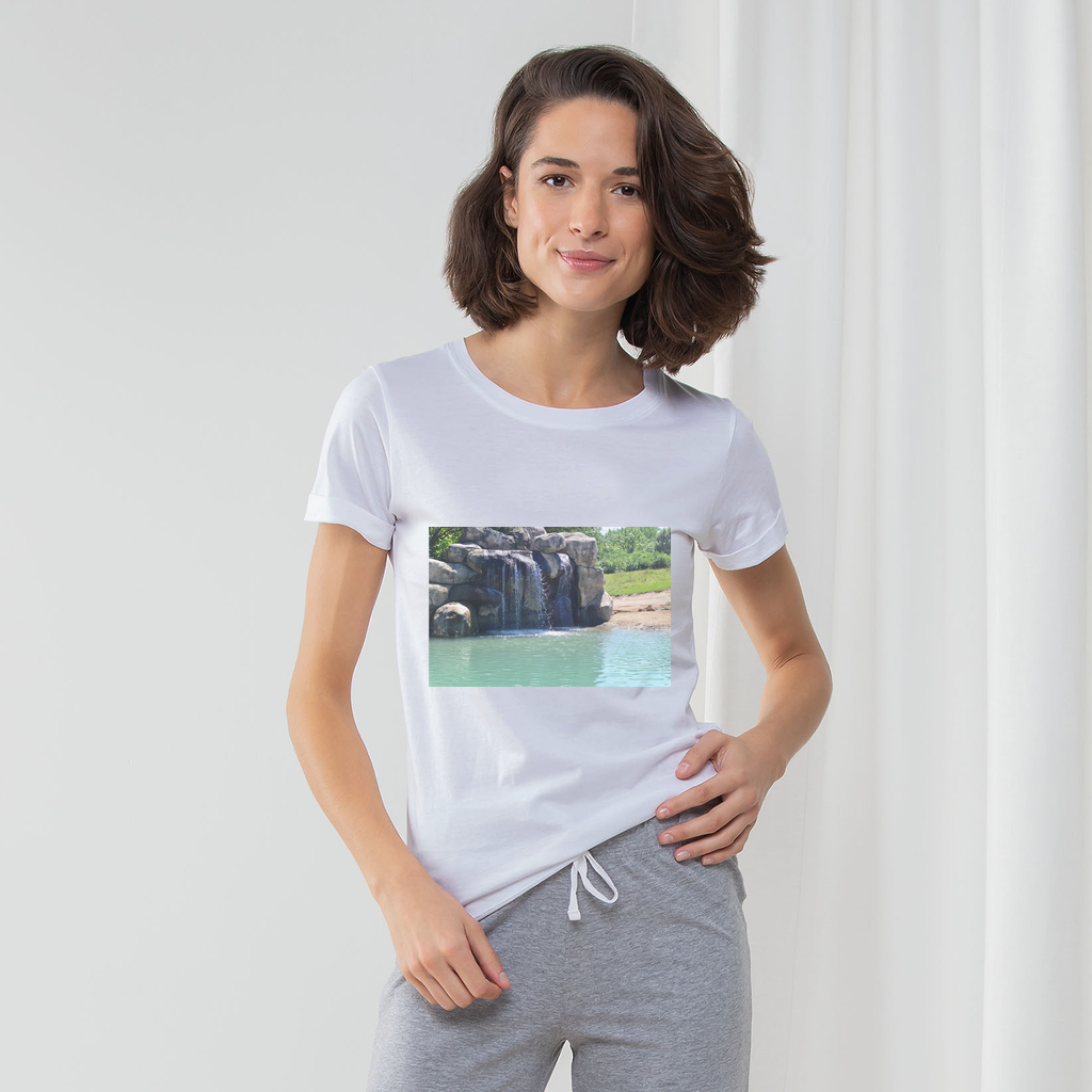 Rock Waterfall Women's Long Pant Pyjama Set featuring a white t-shirt, striped pants in heather grey or light pink, and a matching drawcord bag.