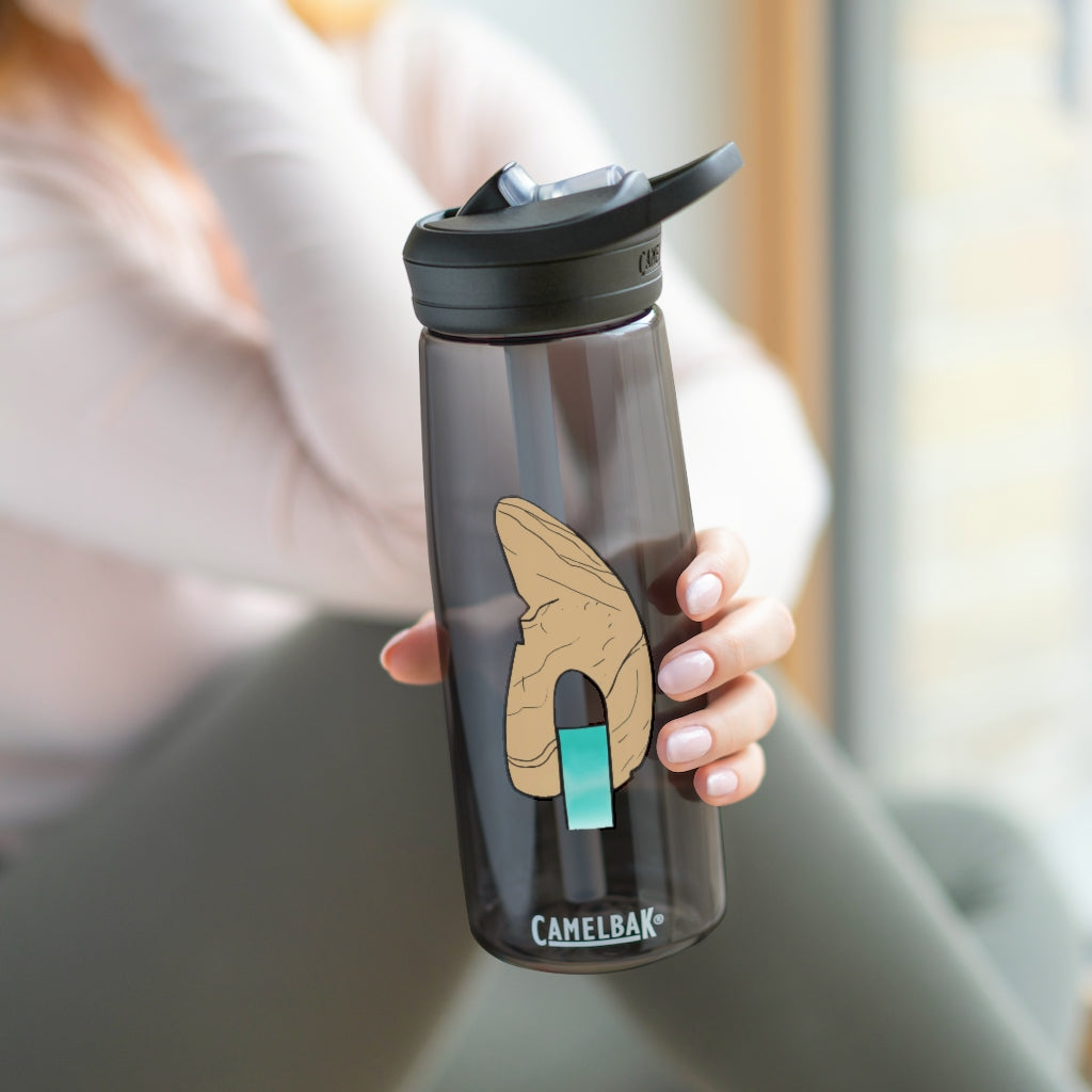 CamelBak Eddy® Water Bottle in Rock with Water design, available in 20oz and 25oz sizes, featuring a spill-proof biting valve and easy-carry handle.