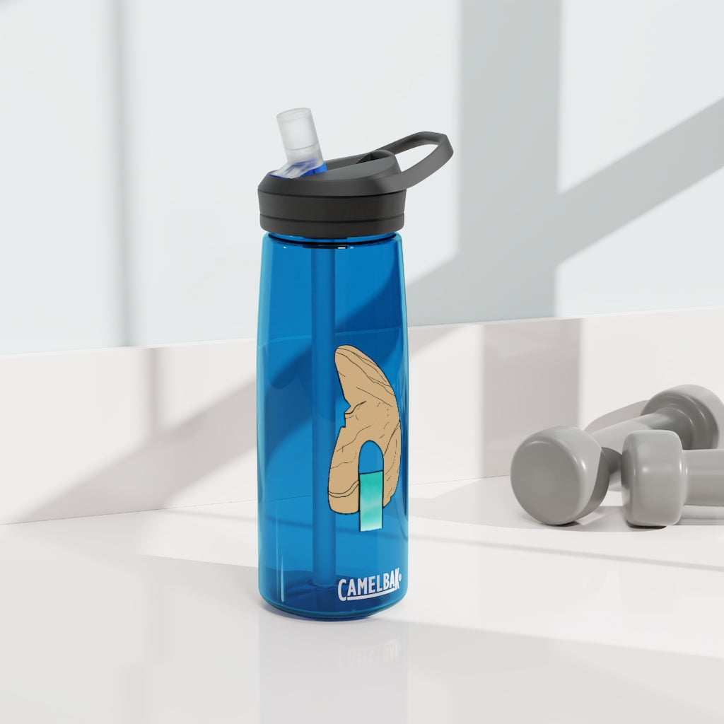 CamelBak Eddy® Water Bottle in Rock with Water design, available in 20oz and 25oz sizes, featuring a spill-proof biting valve and easy-carry handle.