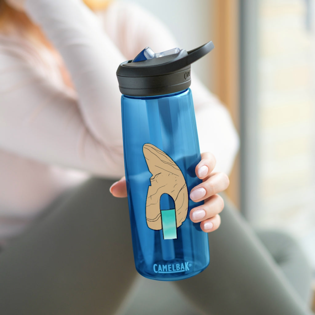 CamelBak Eddy® Water Bottle in Rock with Water design, available in 20oz and 25oz sizes, featuring a spill-proof biting valve and easy-carry handle.