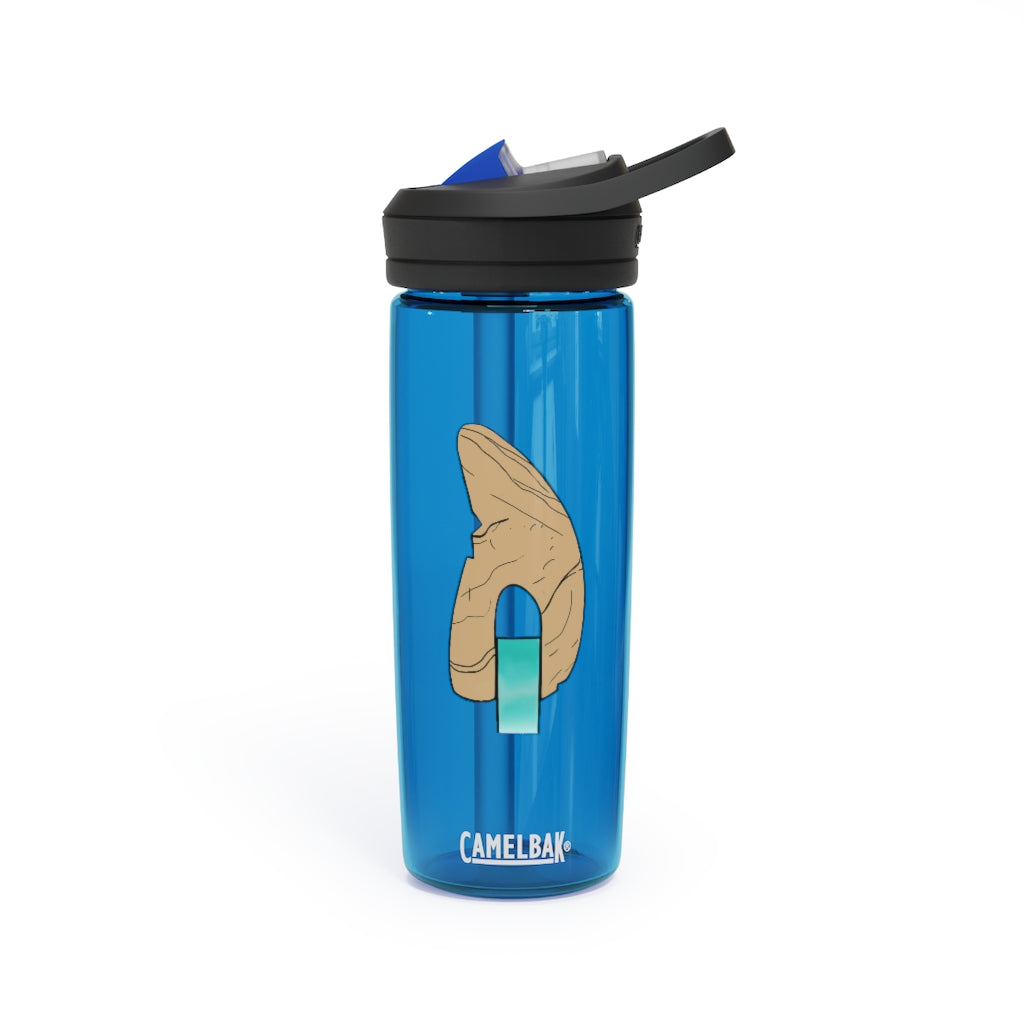 CamelBak Eddy® Water Bottle in Rock with Water design, available in 20oz and 25oz sizes, featuring a spill-proof biting valve and easy-carry handle.