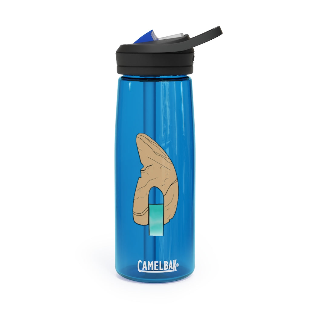 CamelBak Eddy® Water Bottle in Rock with Water design, available in 20oz and 25oz sizes, featuring a spill-proof biting valve and easy-carry handle.