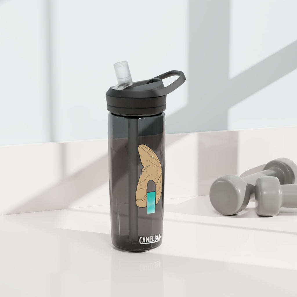 CamelBak Eddy® Water Bottle in Rock with Water design, available in 20oz and 25oz sizes, featuring a spill-proof biting valve and easy-carry handle.