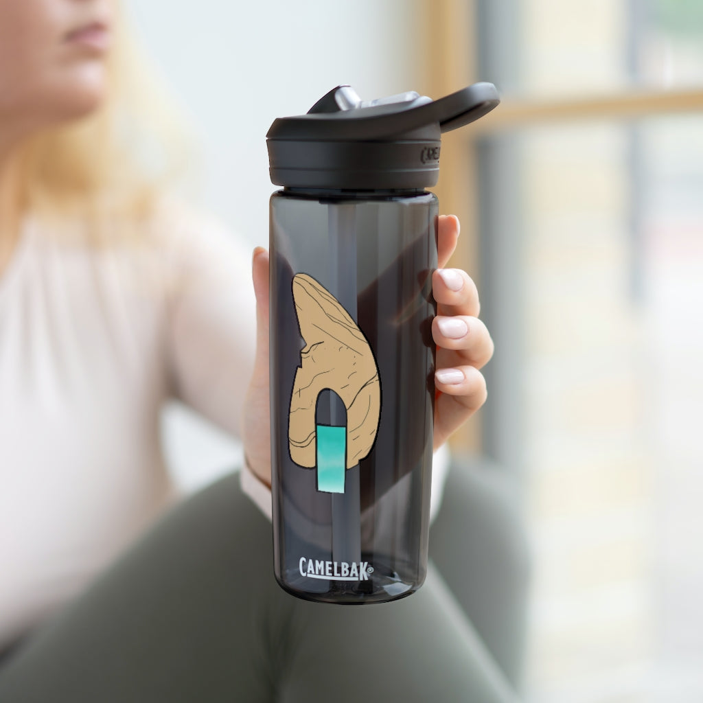 CamelBak Eddy® Water Bottle in Rock with Water design, available in 20oz and 25oz sizes, featuring a spill-proof biting valve and easy-carry handle.