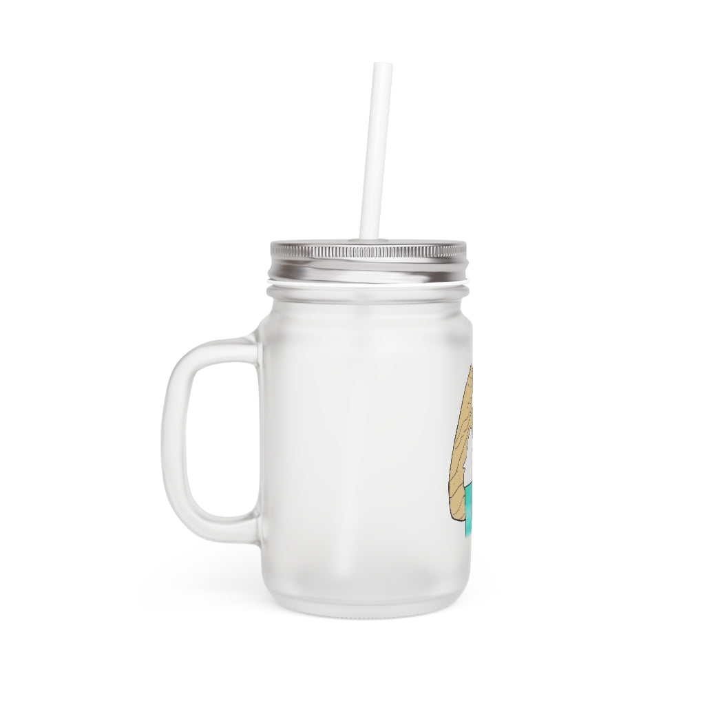 A personalized Rock with Water Mason Jar made of frosted glass, featuring a straw and lid, perfect for drinks.