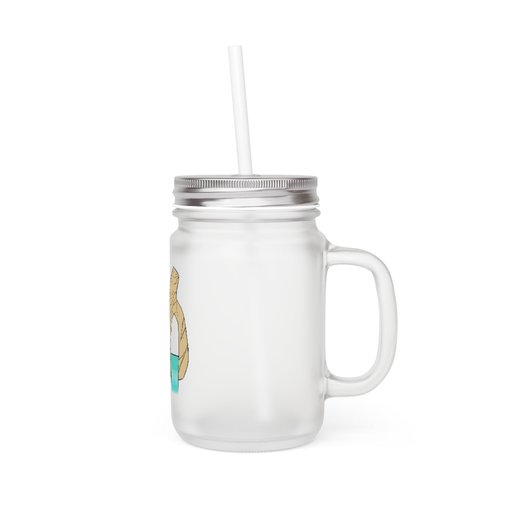 A personalized Rock with Water Mason Jar made of frosted glass, featuring a straw and lid, perfect for drinks.