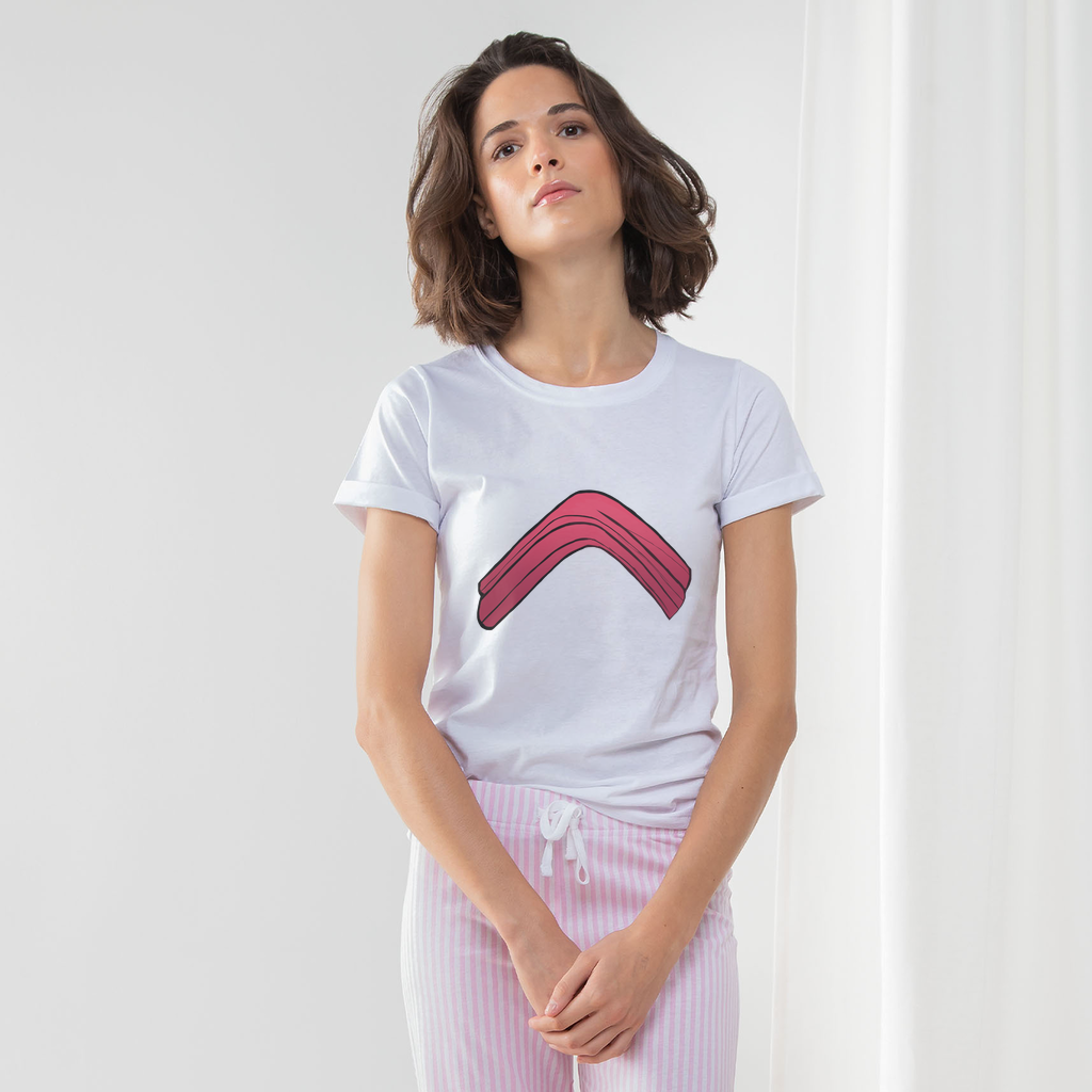 Rock Women's Long Pant Pyjama Set featuring a white t-shirt, heather grey and light pink striped pants, and a matching drawcord bag.