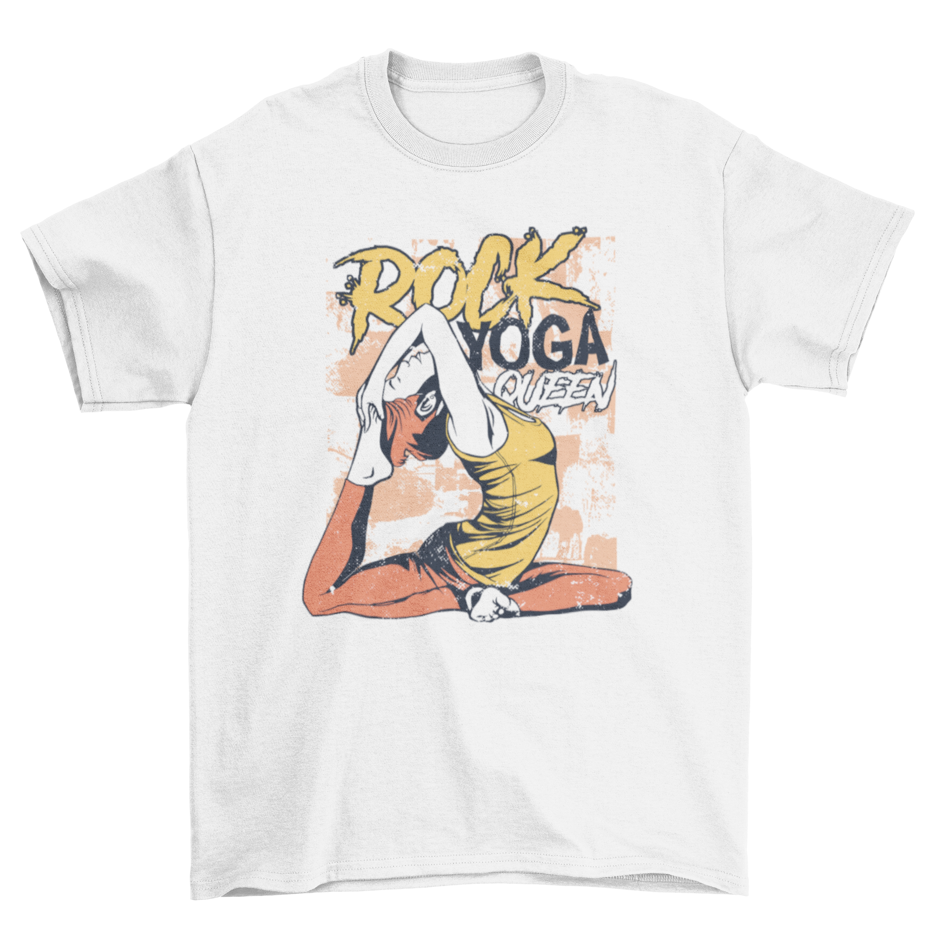 Rock Yoga Queen T-shirt featuring a girl in yoga pose with stylish text.