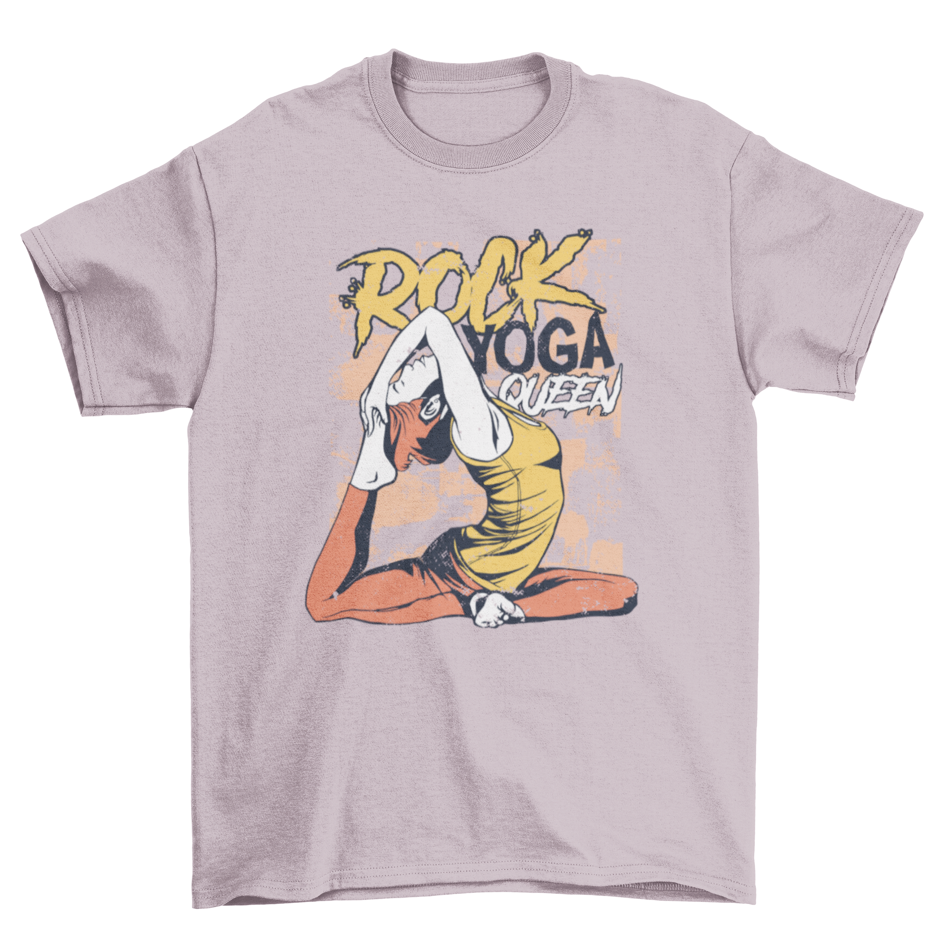 Rock Yoga Queen T-shirt featuring a girl in yoga pose with stylish text.