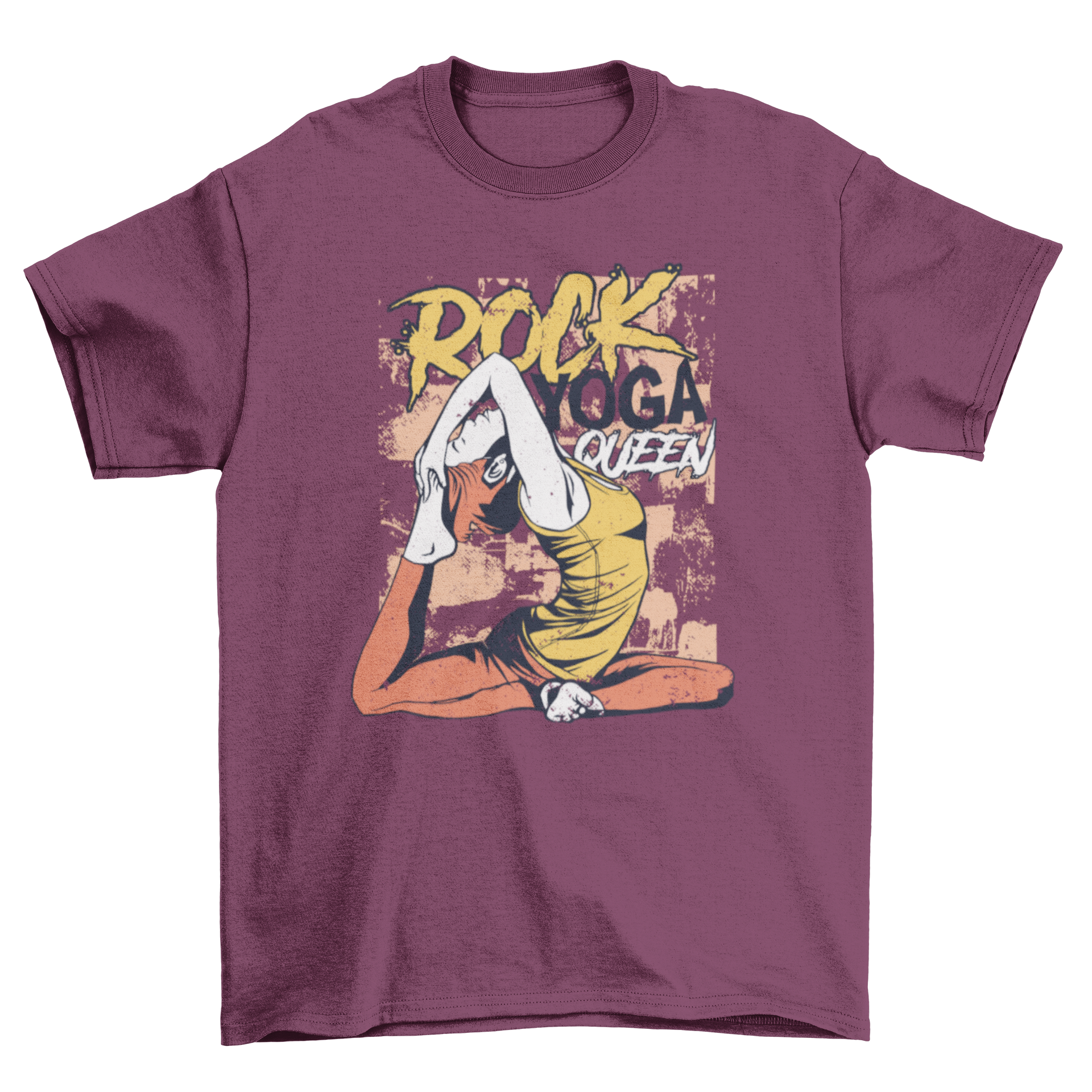 Rock Yoga Queen T-shirt featuring a girl in yoga pose with stylish text.