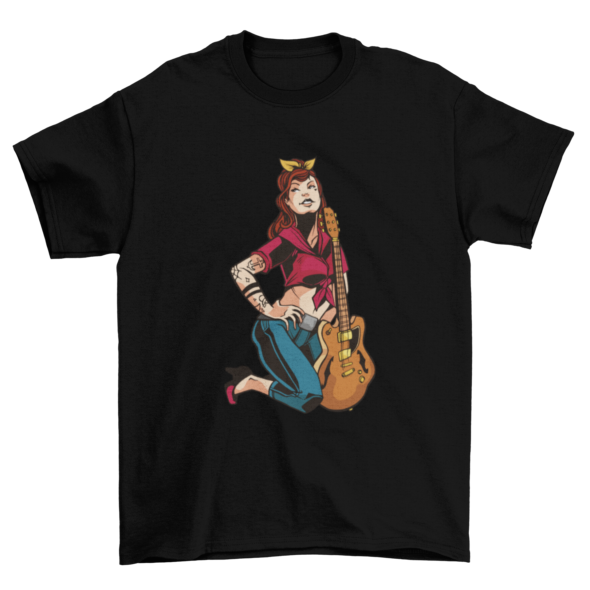 Rockabilly pin up girl t-shirt featuring a stylish illustration of a girl with a guitar.