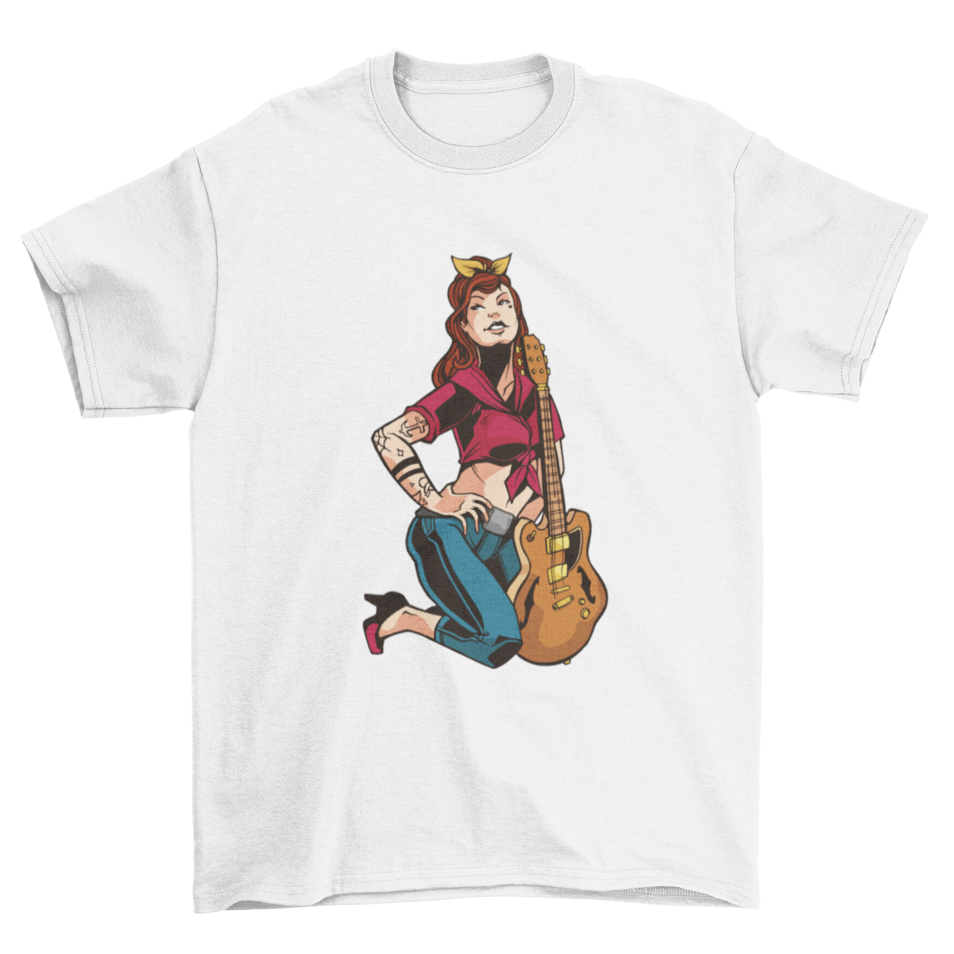 Rockabilly pin up girl t-shirt featuring a stylish illustration of a girl with a guitar.