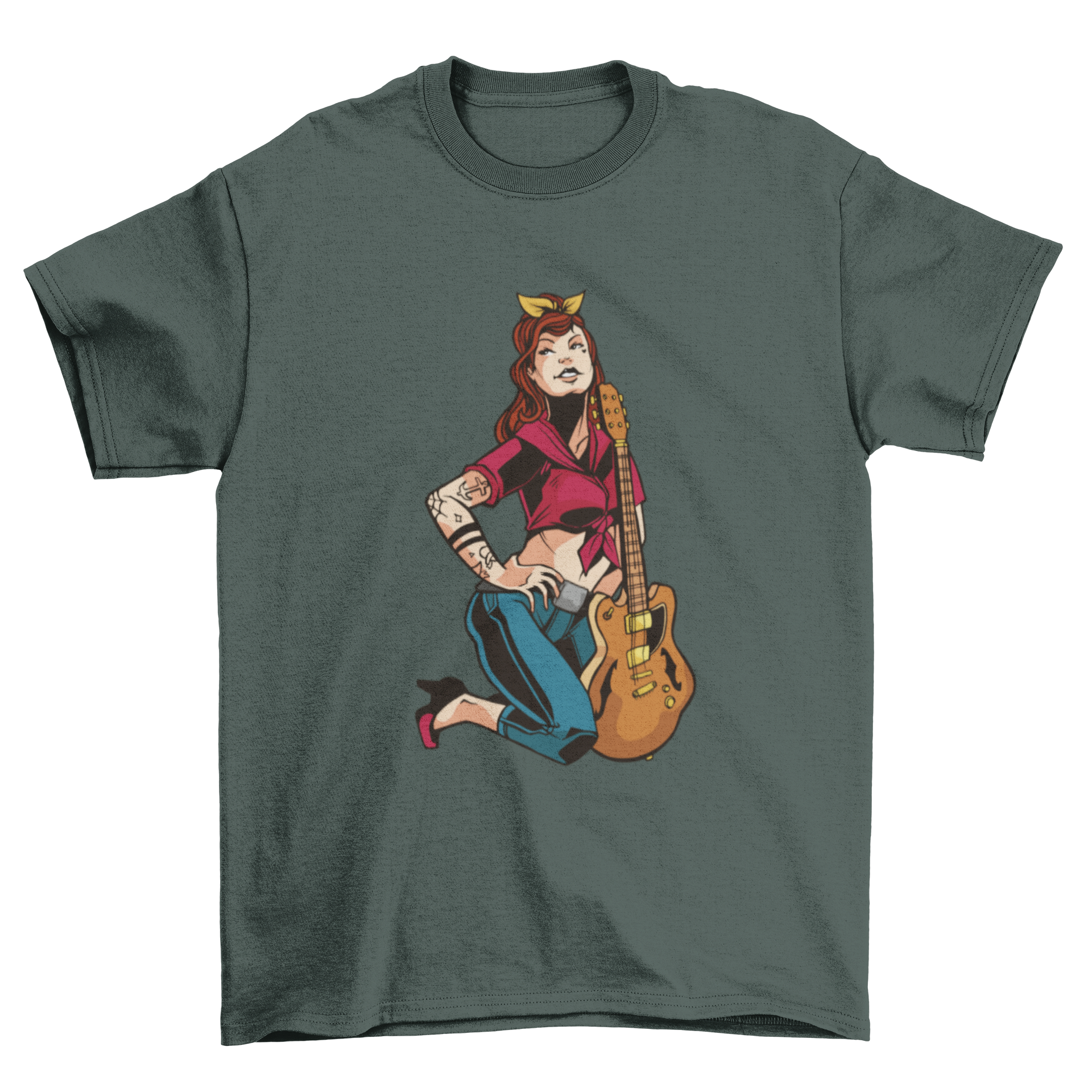 Rockabilly pin up girl t-shirt featuring a stylish illustration of a girl with a guitar.