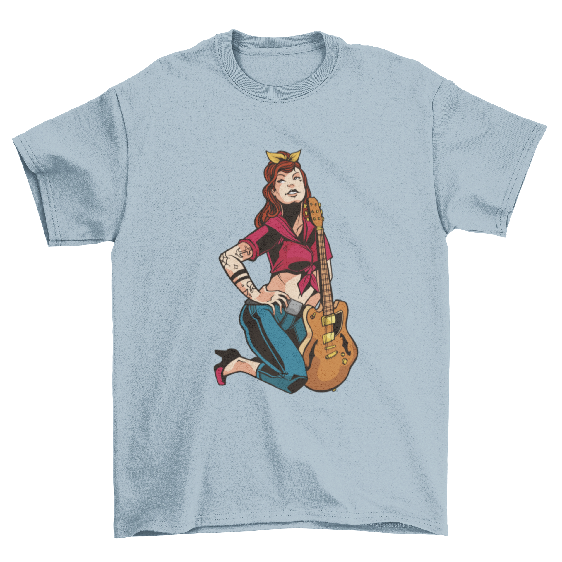 Rockabilly pin up girl t-shirt featuring a stylish illustration of a girl with a guitar.