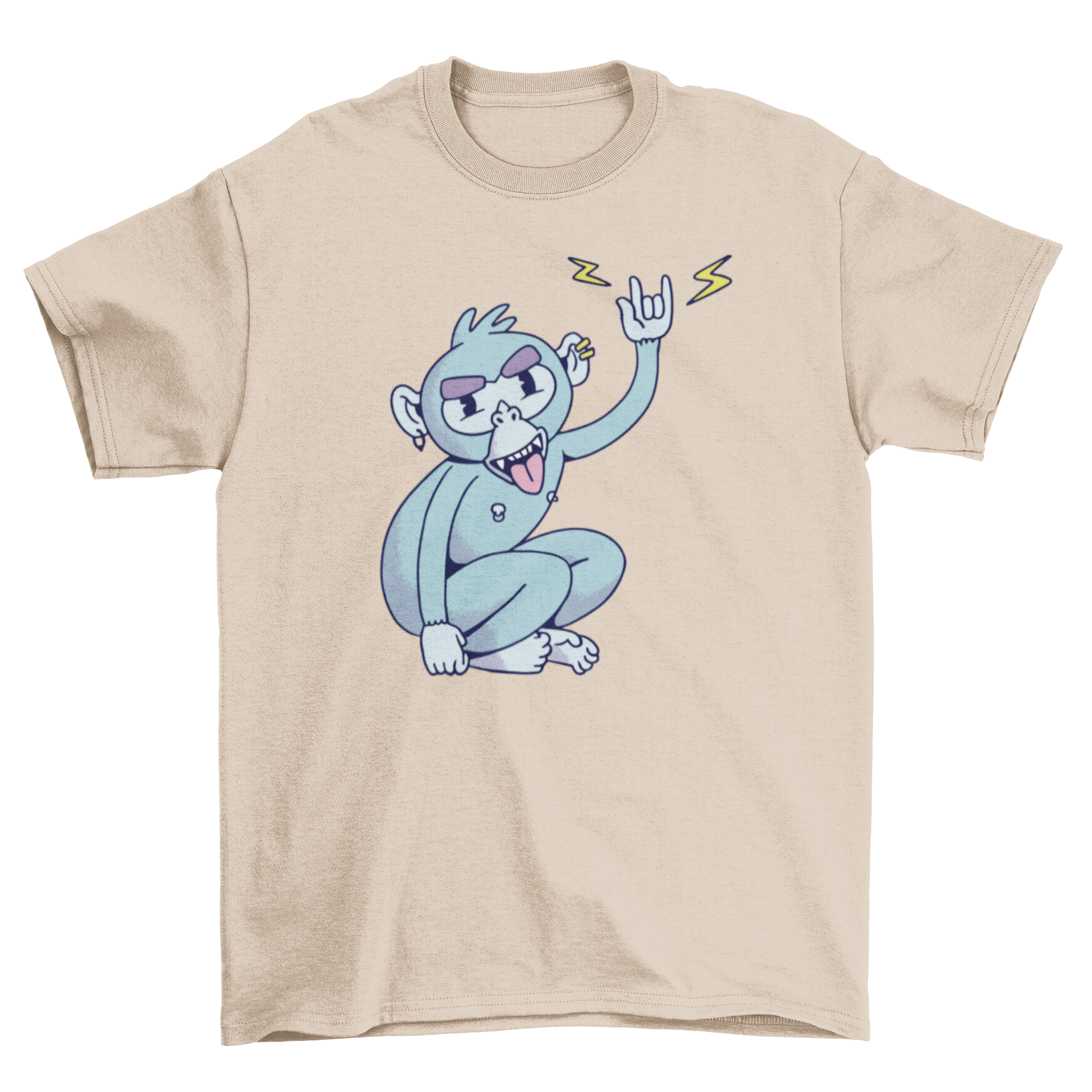 Rocker Monkey T-shirt featuring a monkey with piercings making the rock horns sign.