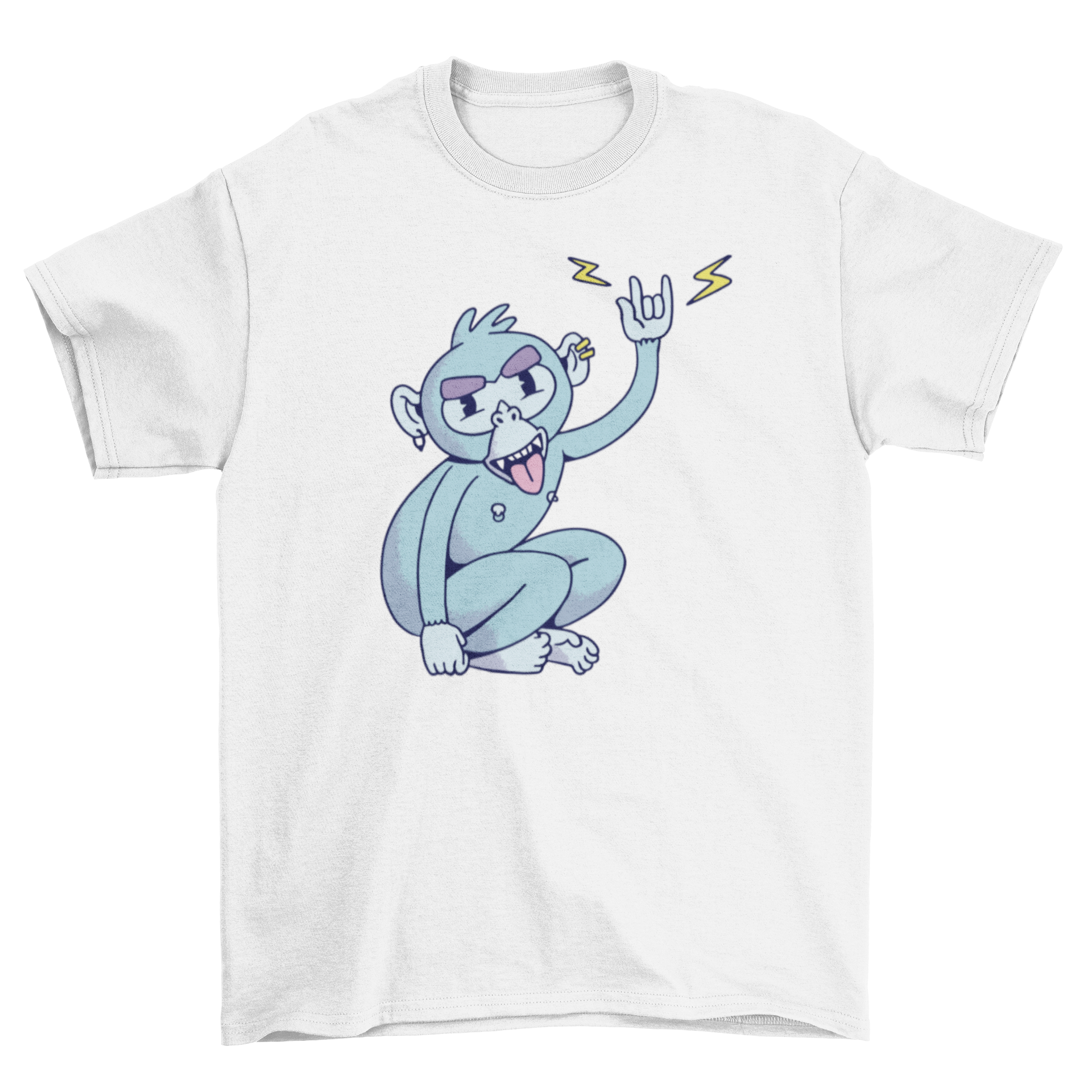 Rocker Monkey T-shirt featuring a monkey with piercings making the rock horns sign.