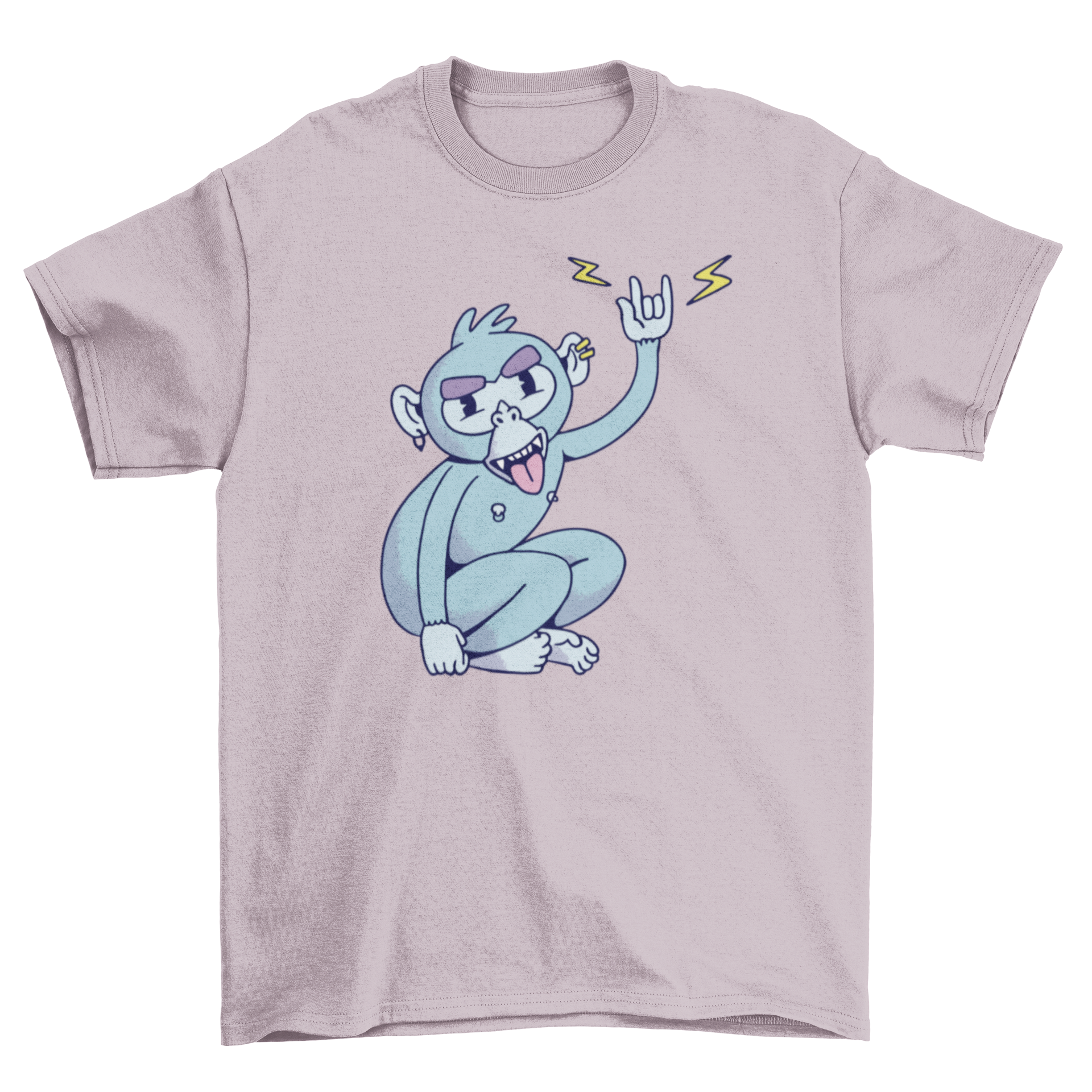 Rocker Monkey T-shirt featuring a monkey with piercings making the rock horns sign.