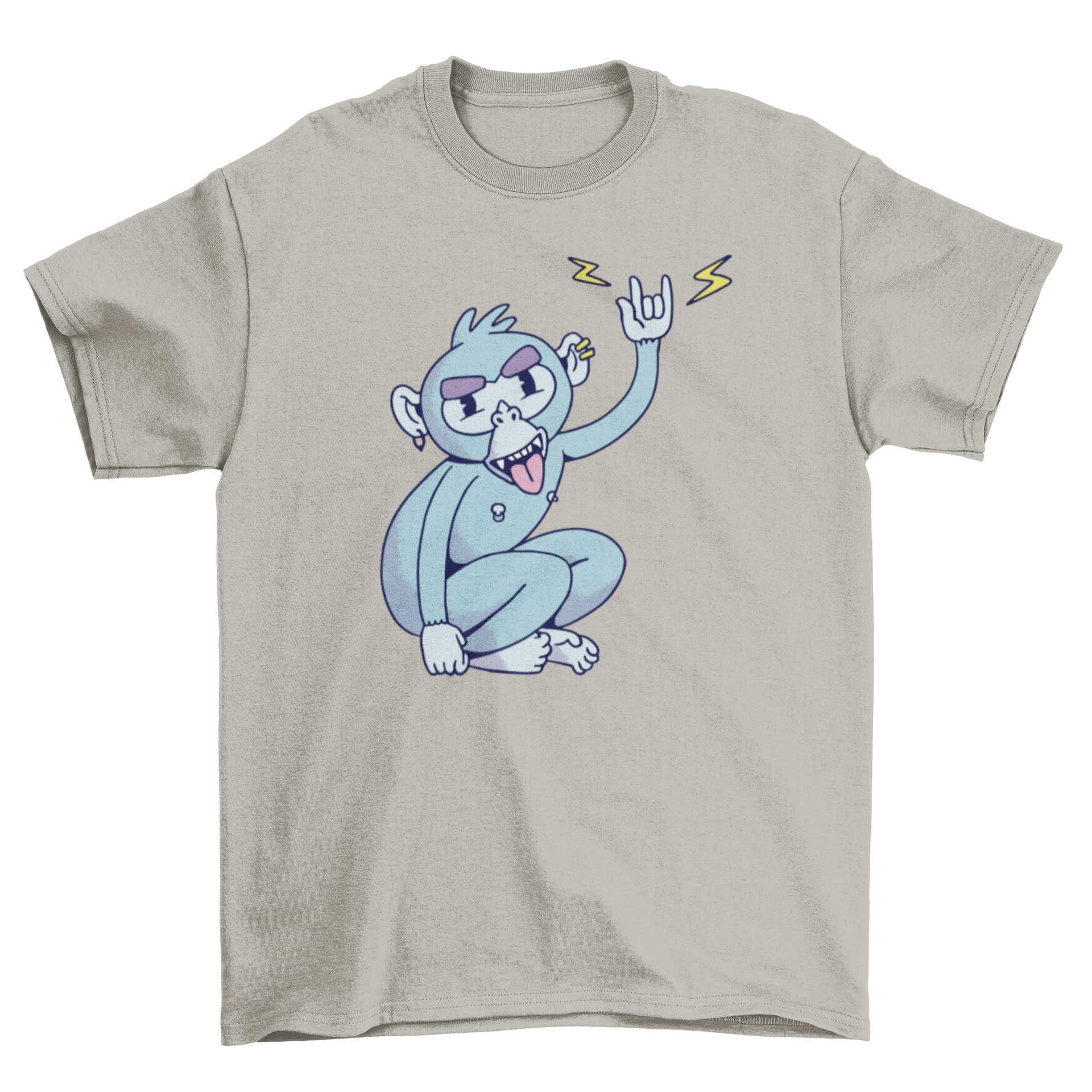 Rocker Monkey T-shirt featuring a monkey with piercings making the rock horns sign.