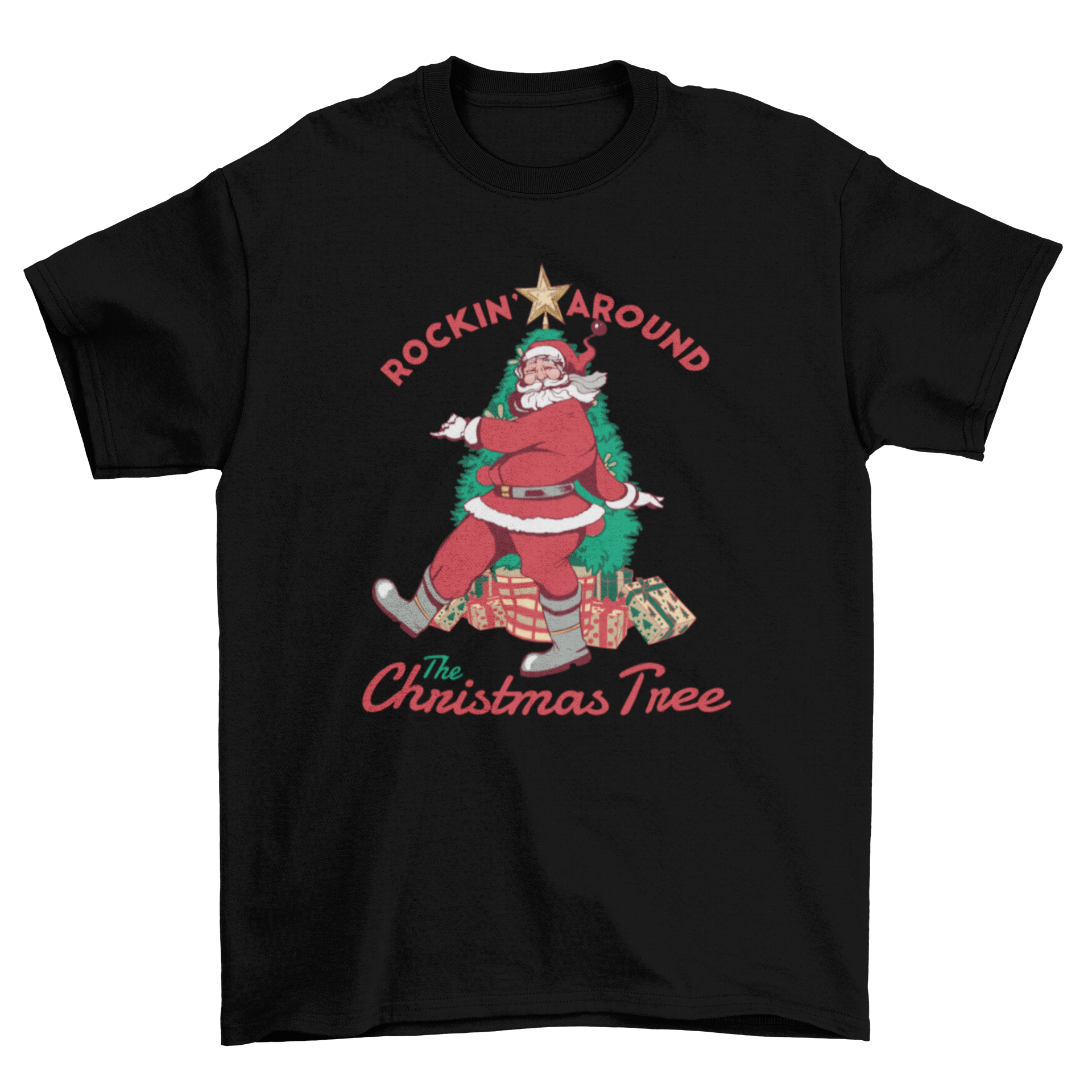 Rockin' Santa T-shirt featuring Santa Claus and a Christmas tree illustration with festive caption.