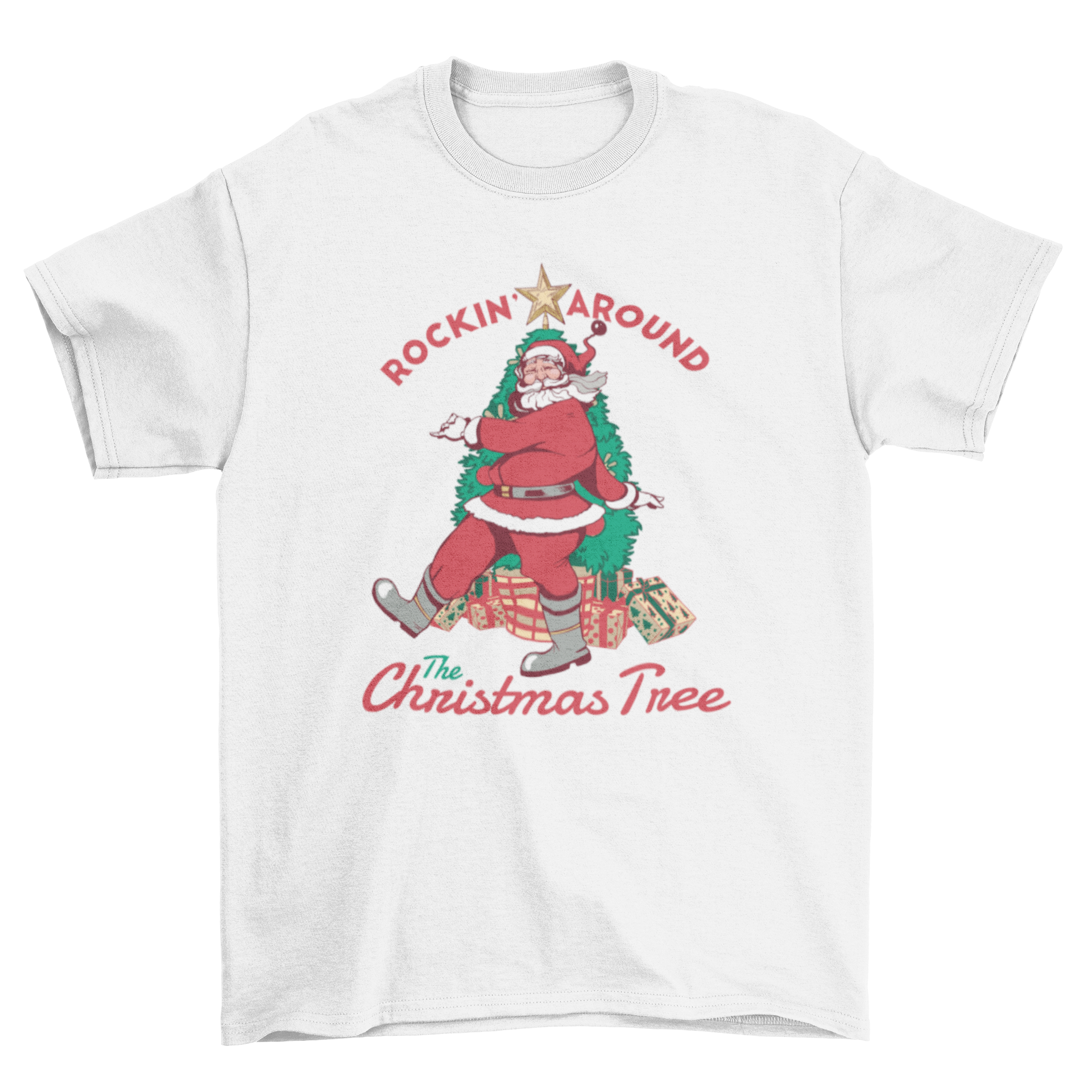 Rockin' Santa T-shirt featuring Santa Claus and a Christmas tree illustration with festive caption.