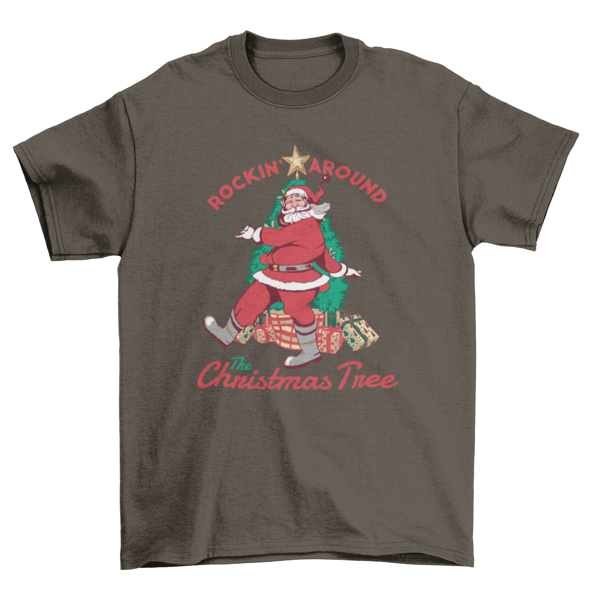 Rockin' Santa T-shirt featuring Santa Claus and a Christmas tree illustration with festive caption.