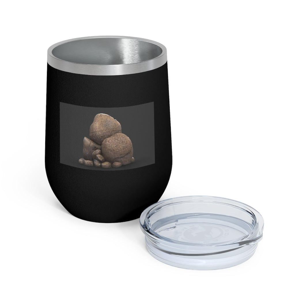 Rocks 12oz Insulated Wine Tumbler in stainless steel with clear plastic lid, showcasing a stylish design.