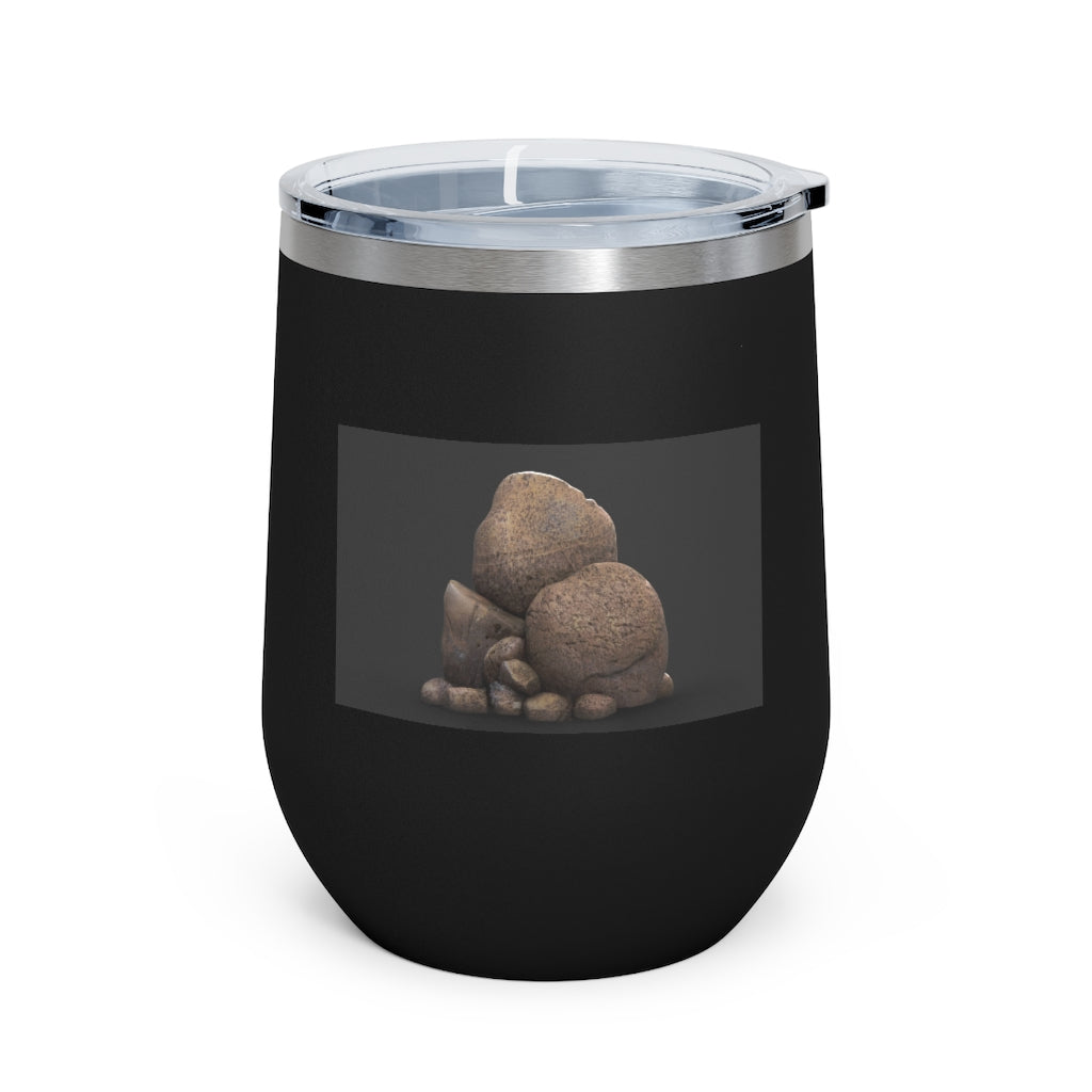 Rocks 12oz Insulated Wine Tumbler in stainless steel with clear plastic lid, showcasing a stylish design.